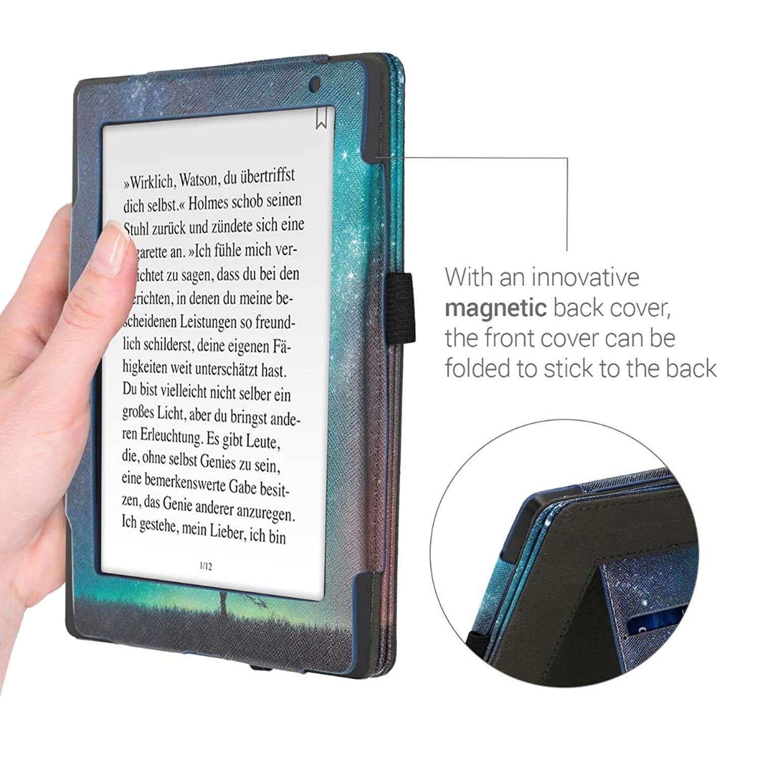kwmobile Case Compatible with Kobo Aura H2O Edition 2 - PU Leather Cover with Magnet Closure, Stand, Strap, Card Slot - Cosmic Nature Blue/Grey/Black