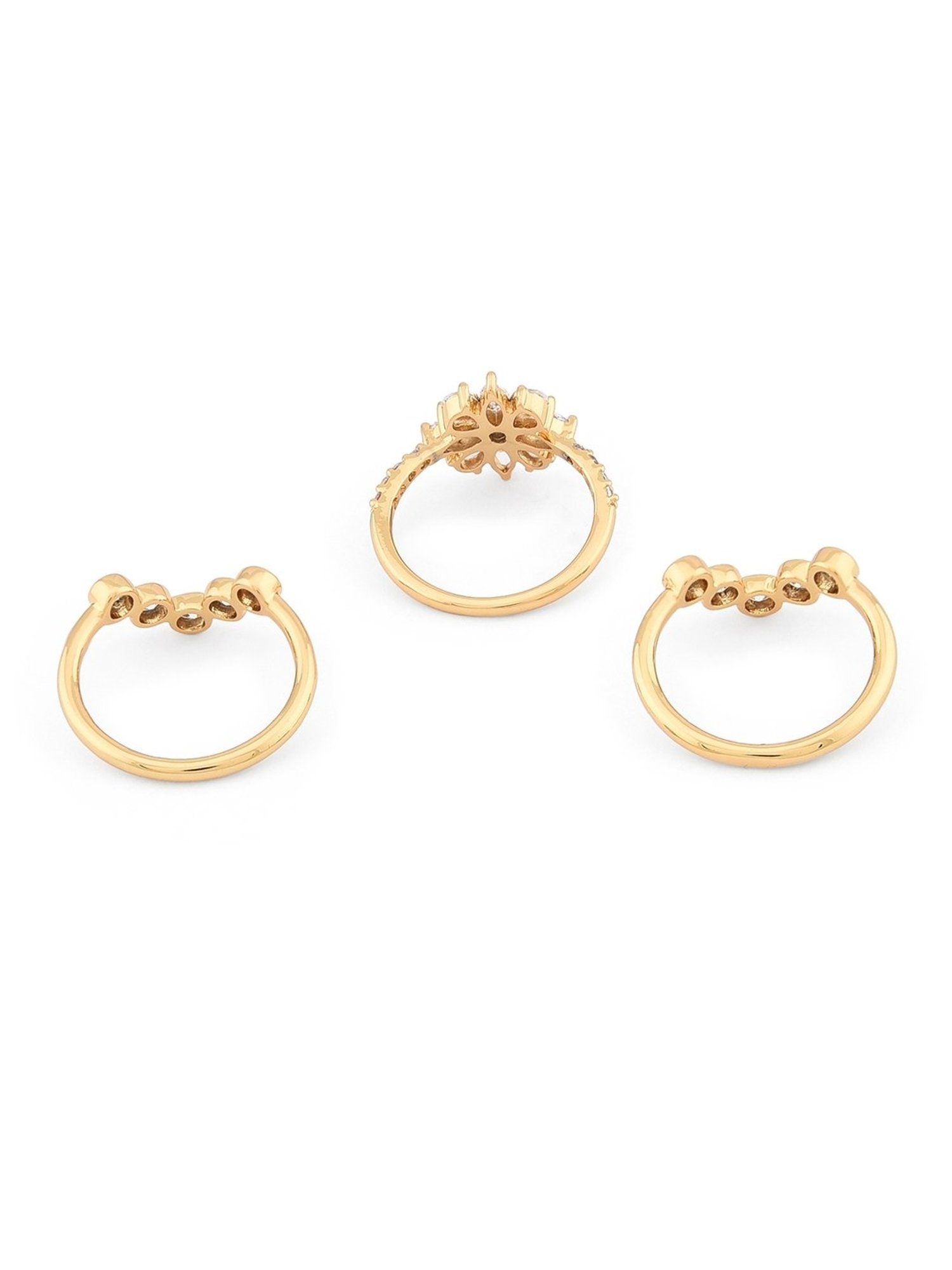 Lilly & Sparkle Brass Gold Plated CZ Stone Studded Floral Finger Rings - Set of 3