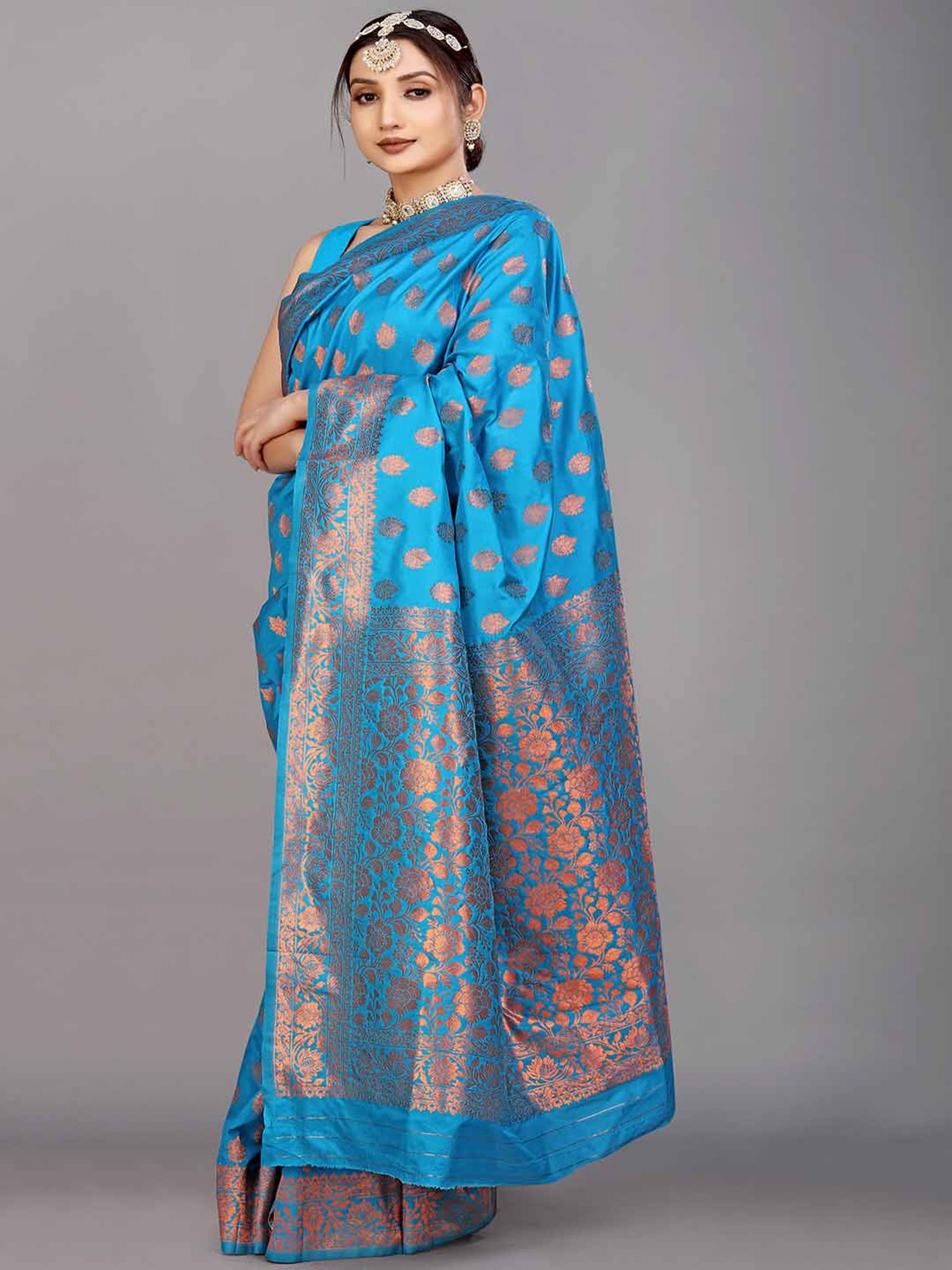 SHUBHKALA Blue Silk Woven Saree With Unstitched Blouse