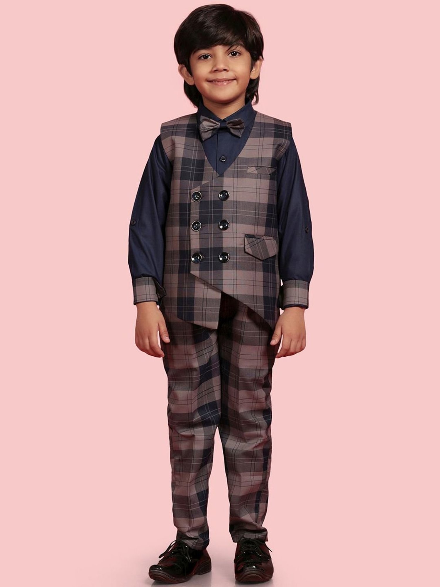 Fourfolds Boys Blue & White Solid Full Sleeves Suit Set