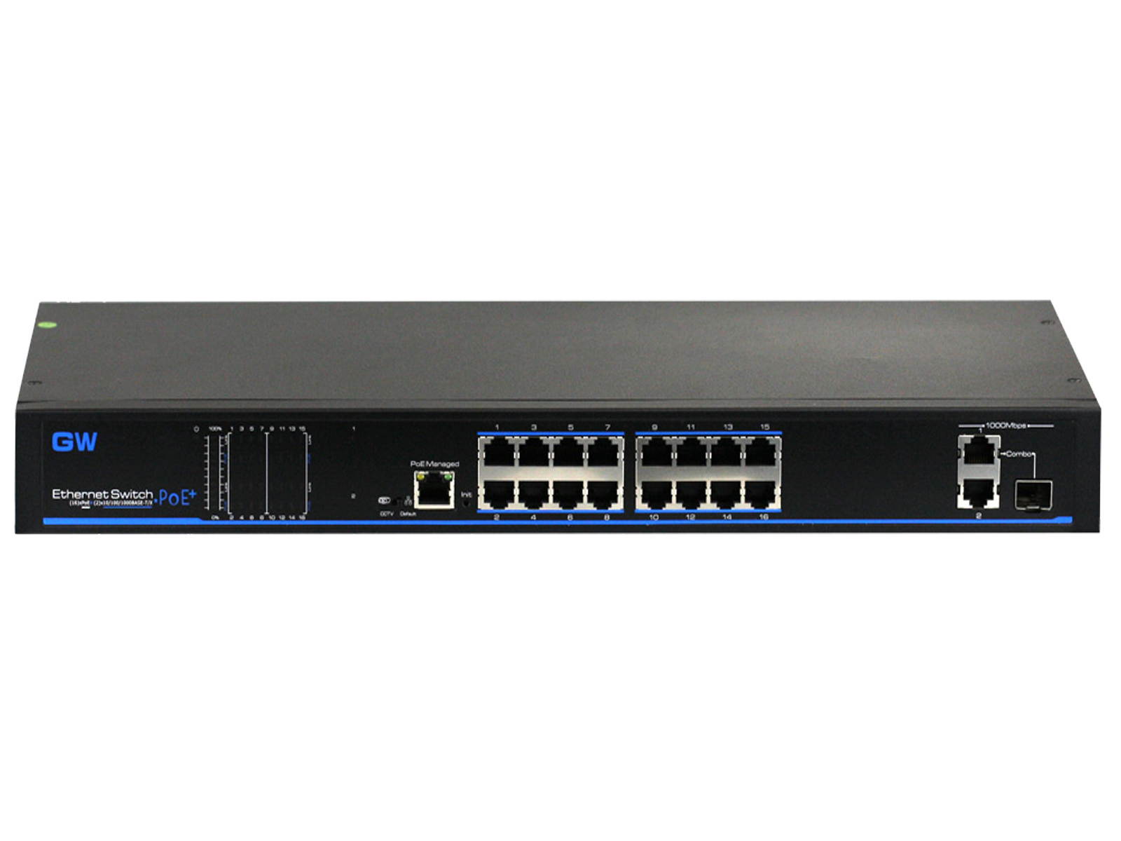 GW PoE Switch - Design for Connect IP Camera & Surveillance NVR - 16x 100Mbps Downlink PoE Ethernet Ports, 2x Gigabit Uplink Ethernet Ports and 1x Gigabit Fiber Port - Supports Up to 16 PoE IP Cameras