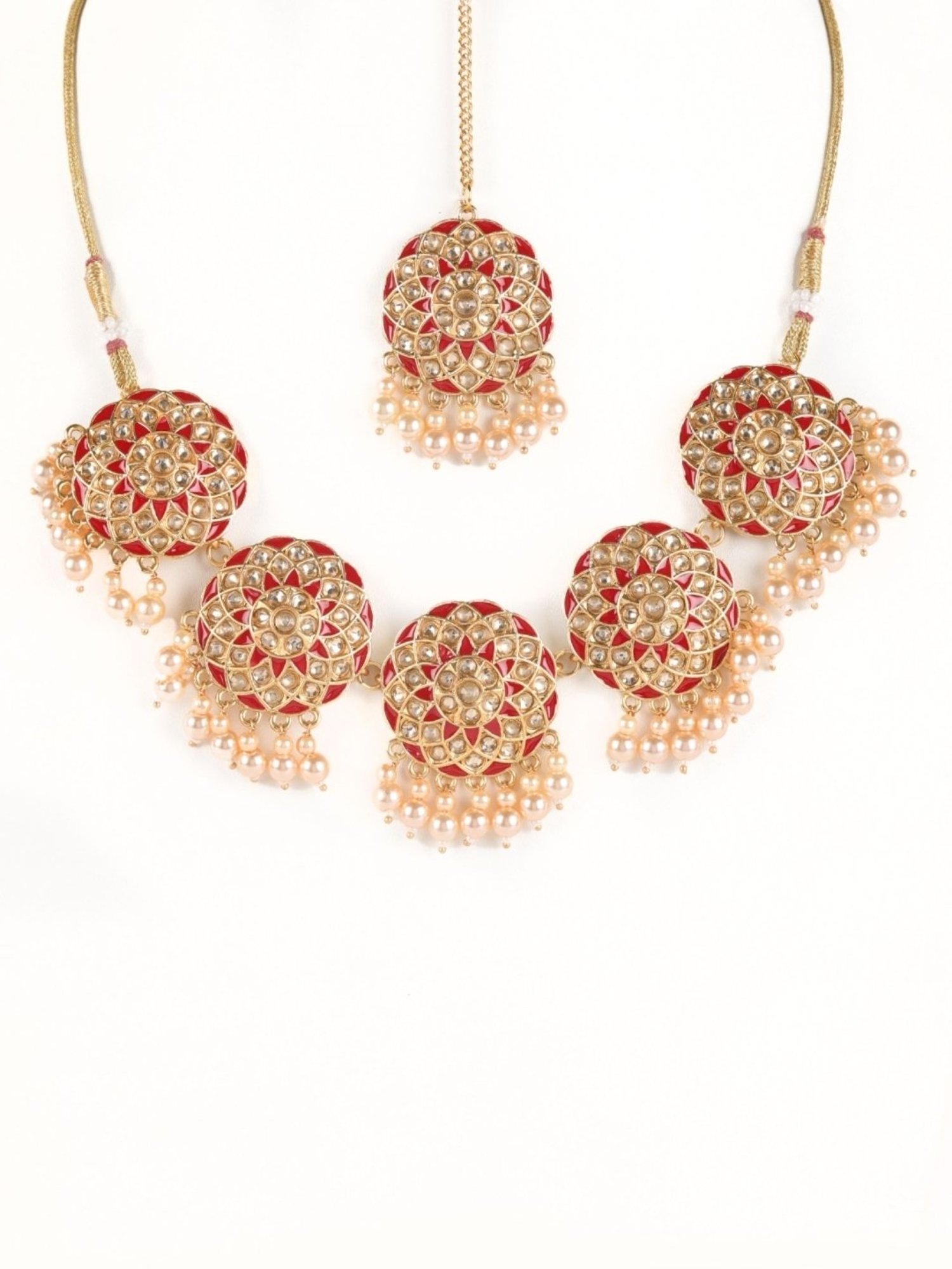 Aatmana Red & Cream Kundan Pearls Gold-Plated Necklace Set with MaangTikka for Women