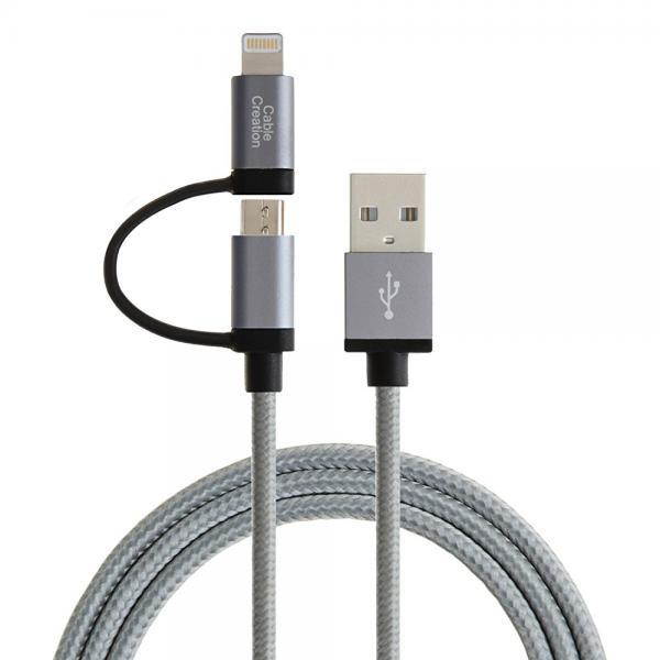 [Apple MFi Certified] CableCreation 2-in-1 Lightning to USB Data Sync Charge Cable, Lightning Micro USB 2-in-1 Cable for iPhone 6 6S 6Plus iPad Air mini Samsung & More,Gray Color,1.2M/4ft.
