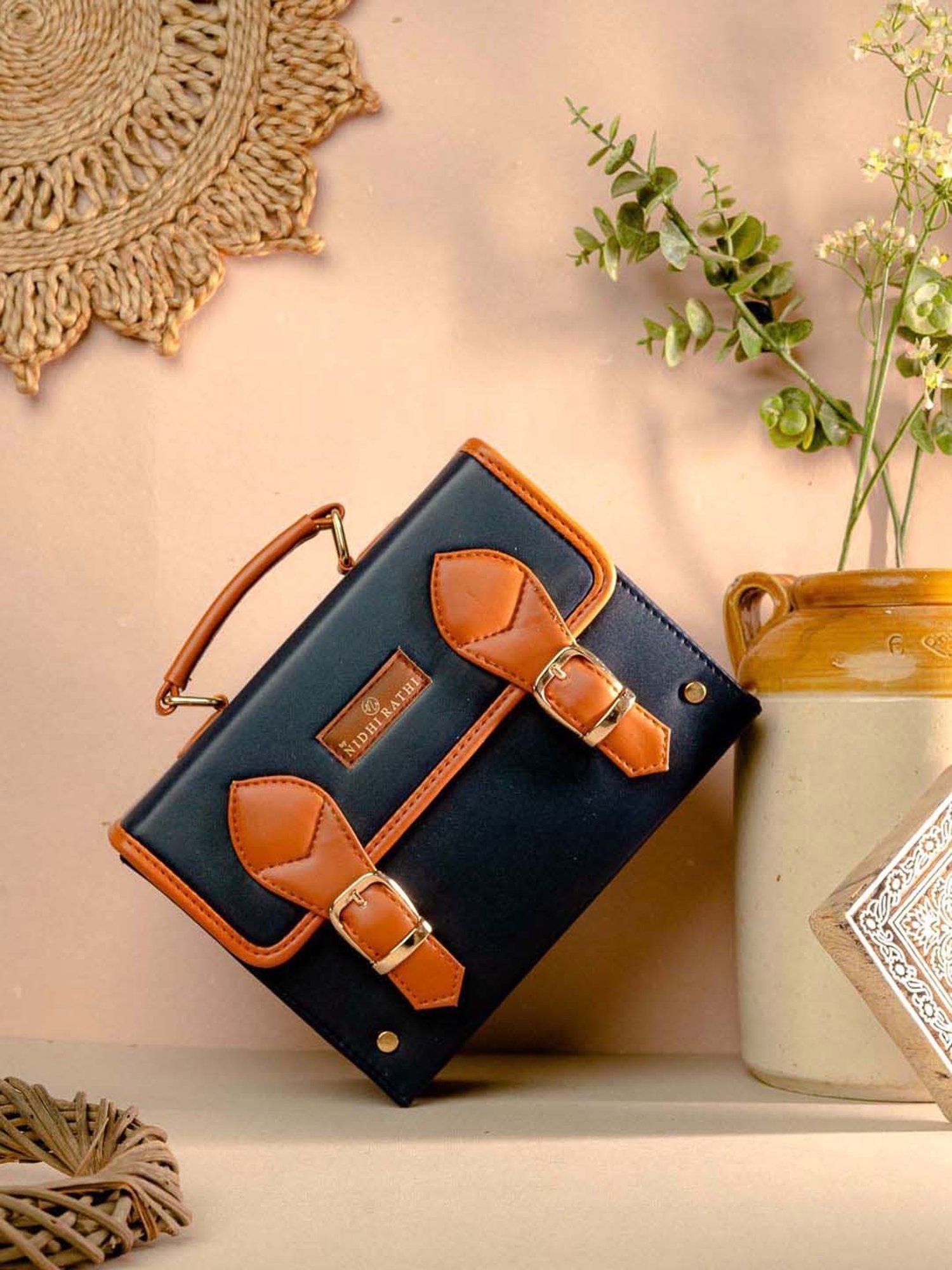 NR by Nidhi Rathi Navy Solid Medium Satchel Handbag