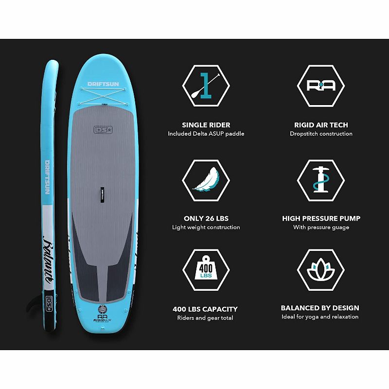 Driftsun 11 Foot Extra Wide Inflatable Stand Up Paddle Board Package with Rolling Travel Storage Backpack, Foldable Aluminum Pole, and More, Teal