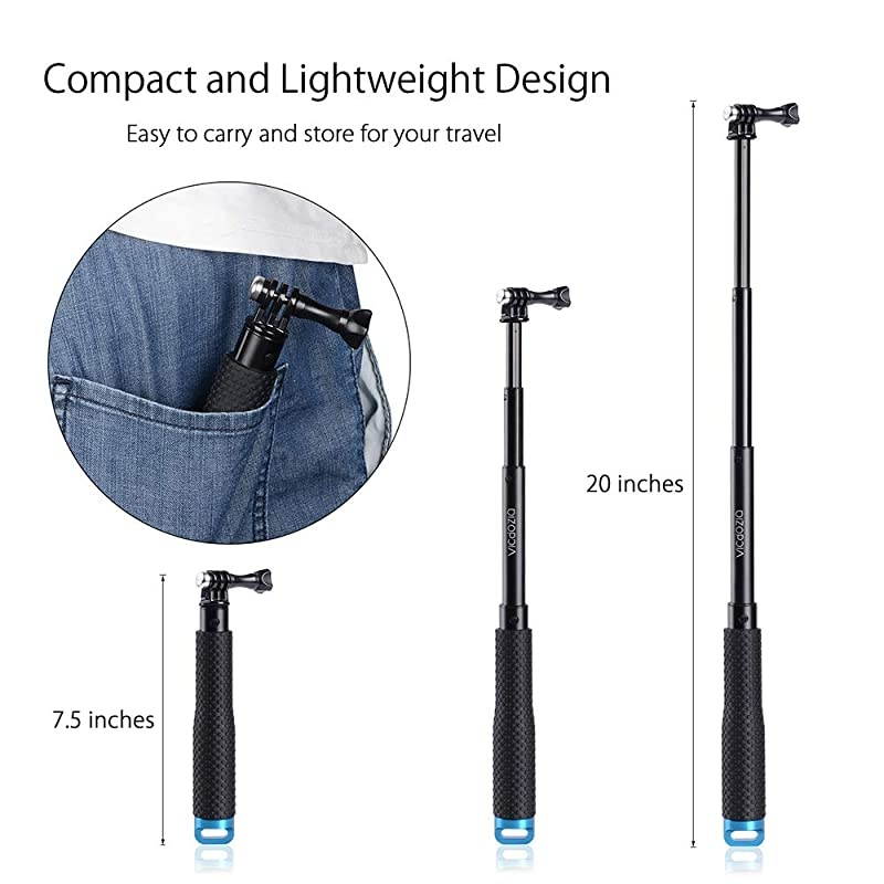 Extension Selfie Stick, Portable Hand Grip Waterproof Handheld Monopod Adjustable Pole Compatible with GoPro Hero(2018) Hero 8 7 6 5 4 AKASO SJCAM DJI OSMO Action and More Sports Cameras