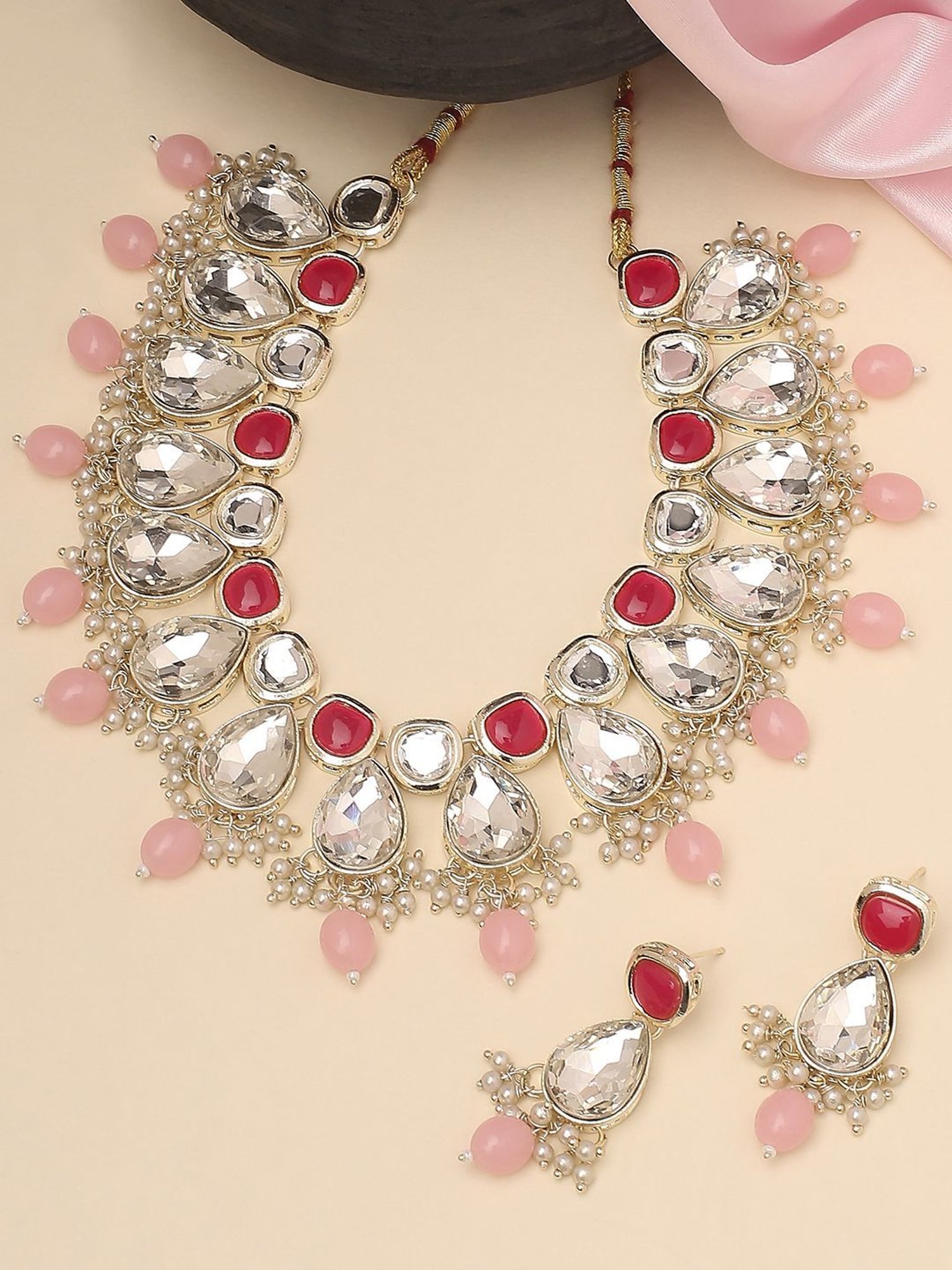 OOMPH Pink & Red Beads & Kundan Ethnic Choker Necklace Set for Women