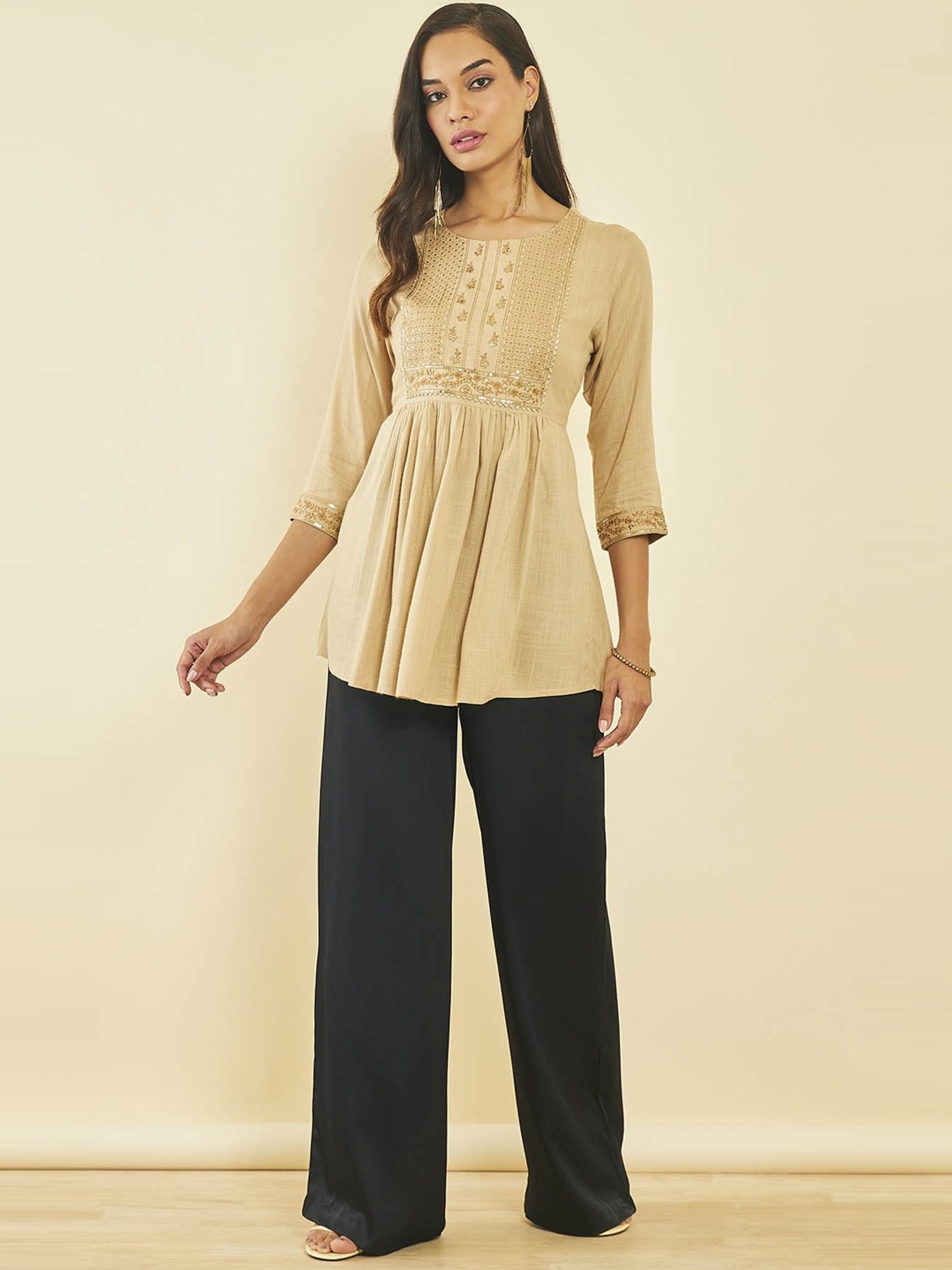 Soch Beige Rayon Slub Floral Embroidered Tunic with Sequin Embellishments