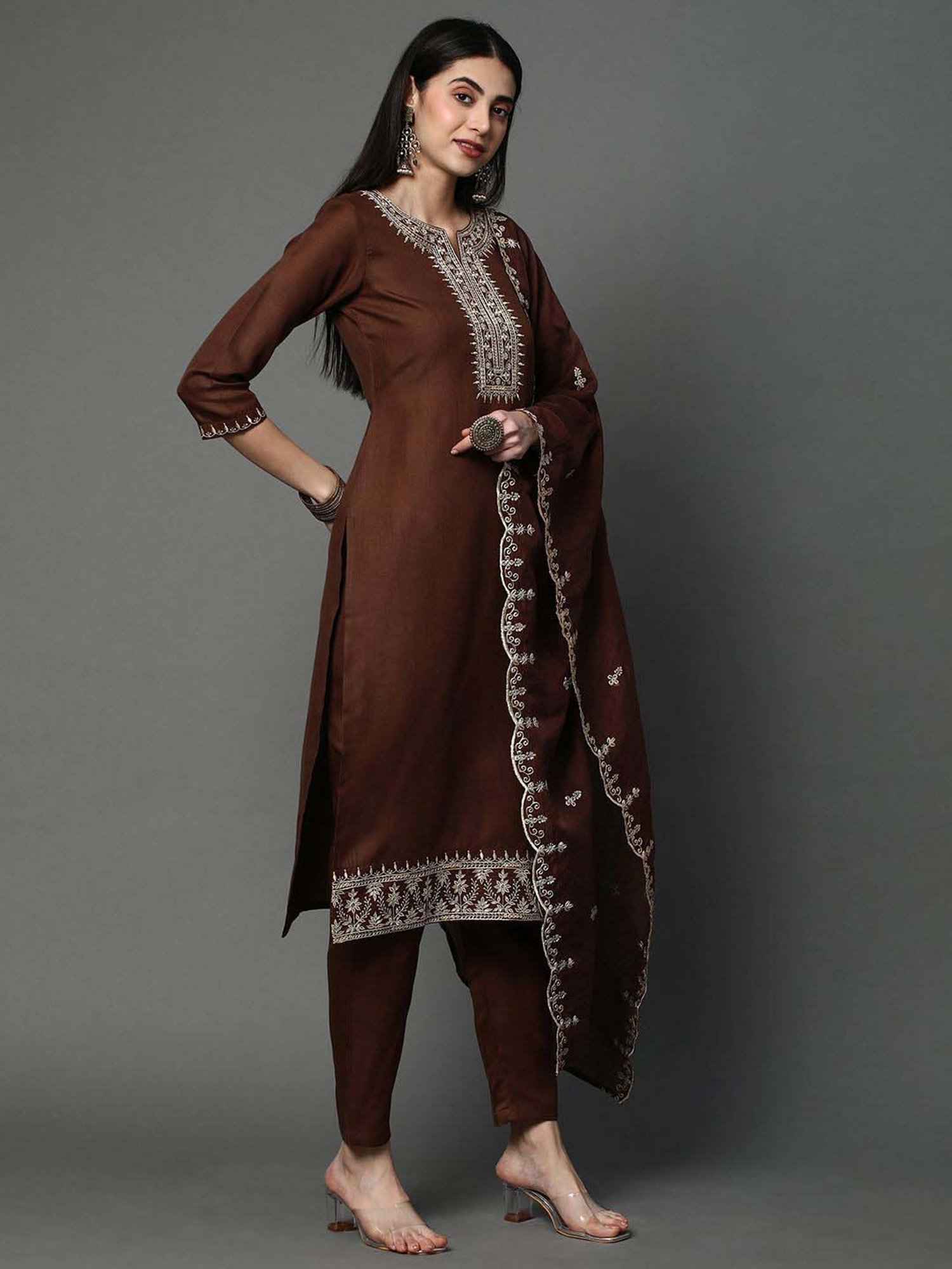 Heeposh Brown Embroidered Kurta Pant Set With Dupatta