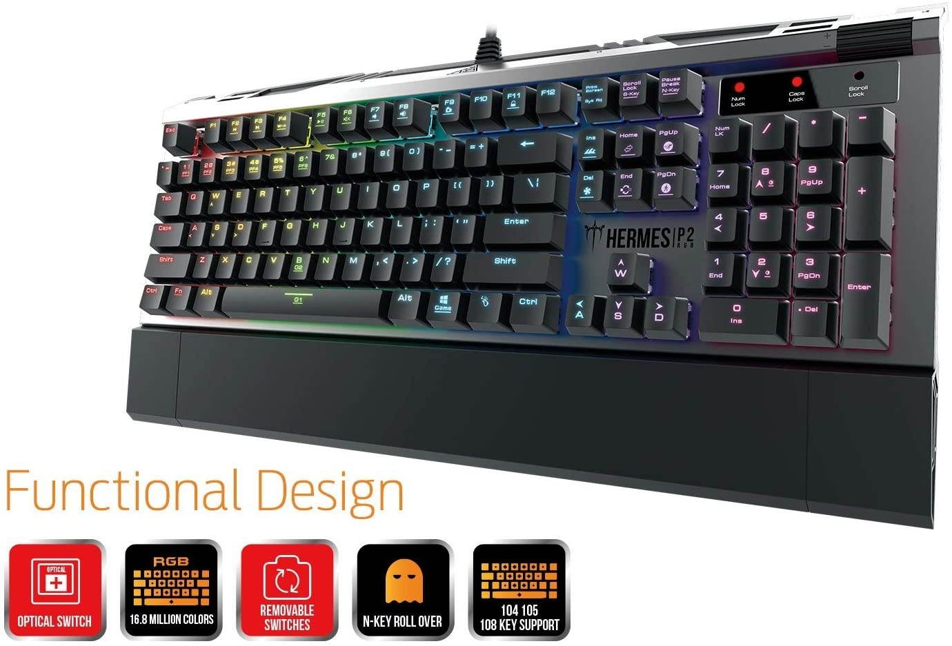 GAMDIAS Hermes P2 Black Mechanical Keyboard USB Gaming 104 Switches Blue Backlit Keyboard RGB Layout UK