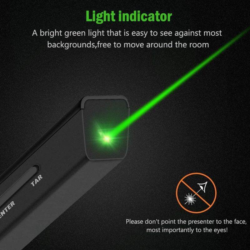 DinoFire Presentation Powerpoint Clicker Wireless Presenter Rechargeable Green Light USB Remote Control Hyperlink Volume Control Slide Advancer 2.4GHz with Case