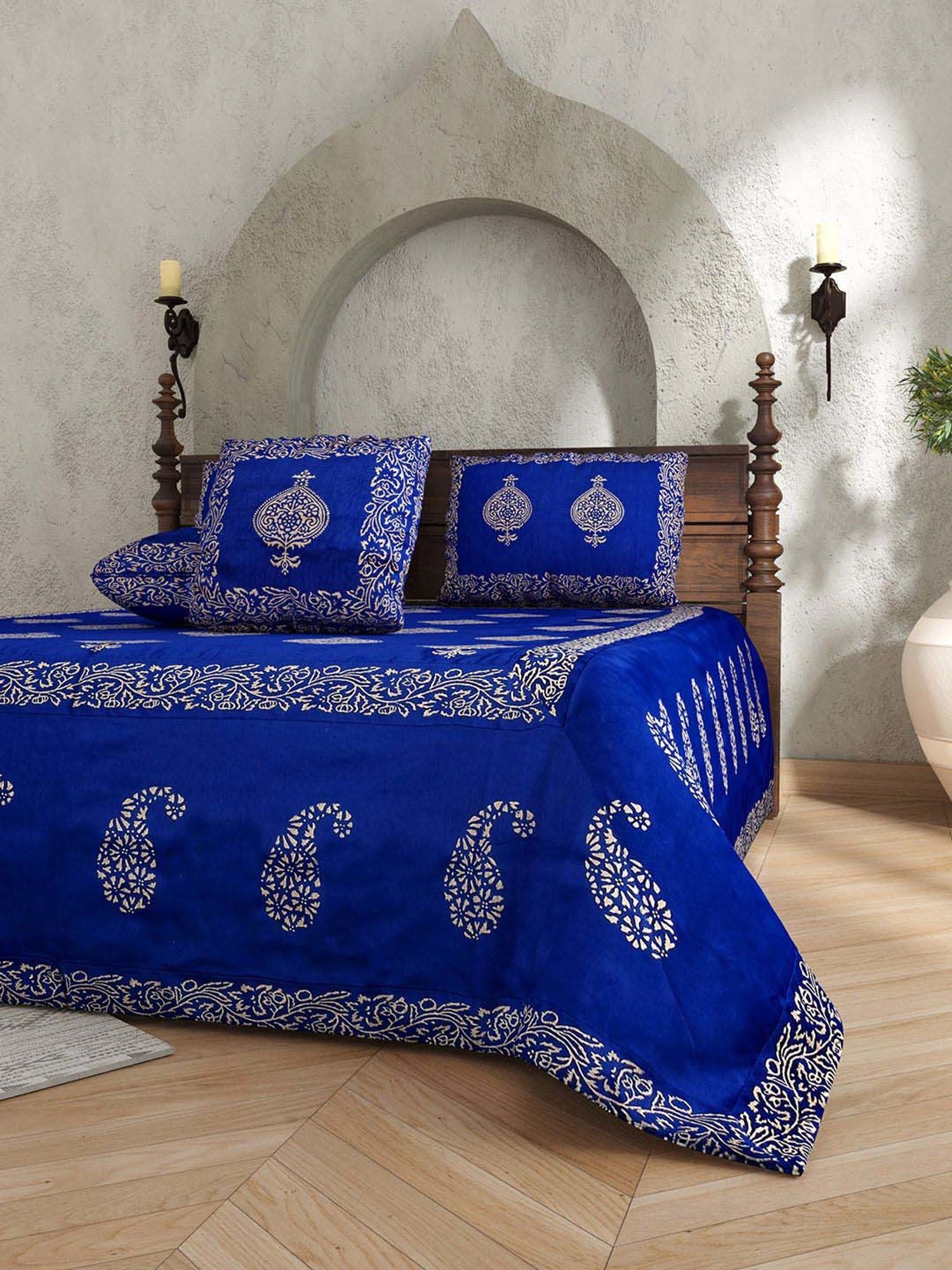 JaipurFabric Royal Blue Silk 240 TC Double Bedsheet with 2 Pillow Covers