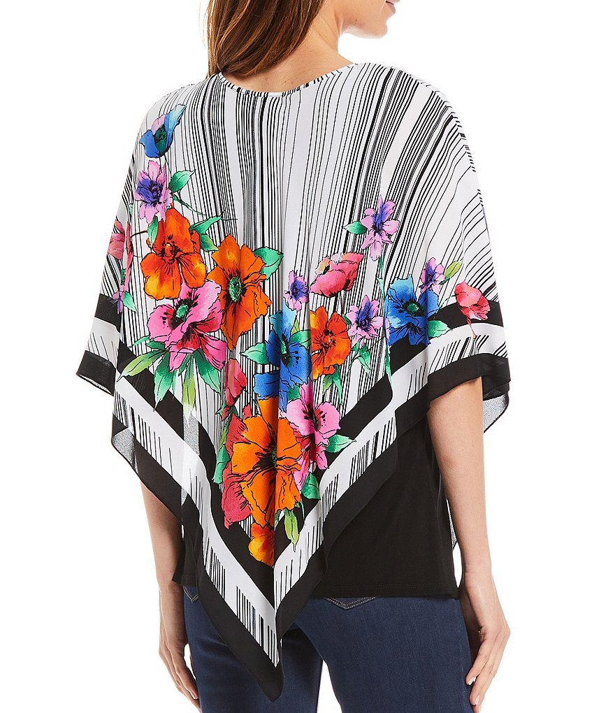 Slim Factor by Investments Floral Scarf Print Overlay Round Neck Poncho Top
