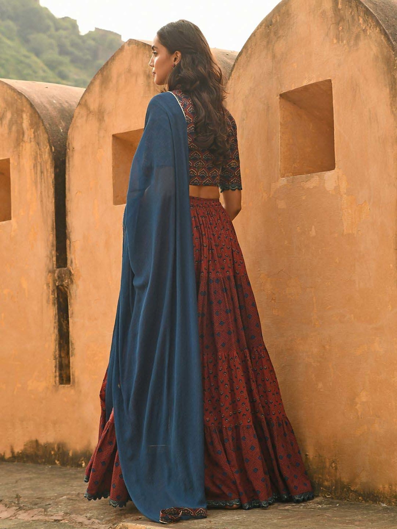 Janasya Maroon Cotton Printed Lehenga & Choli Set With Dupatta