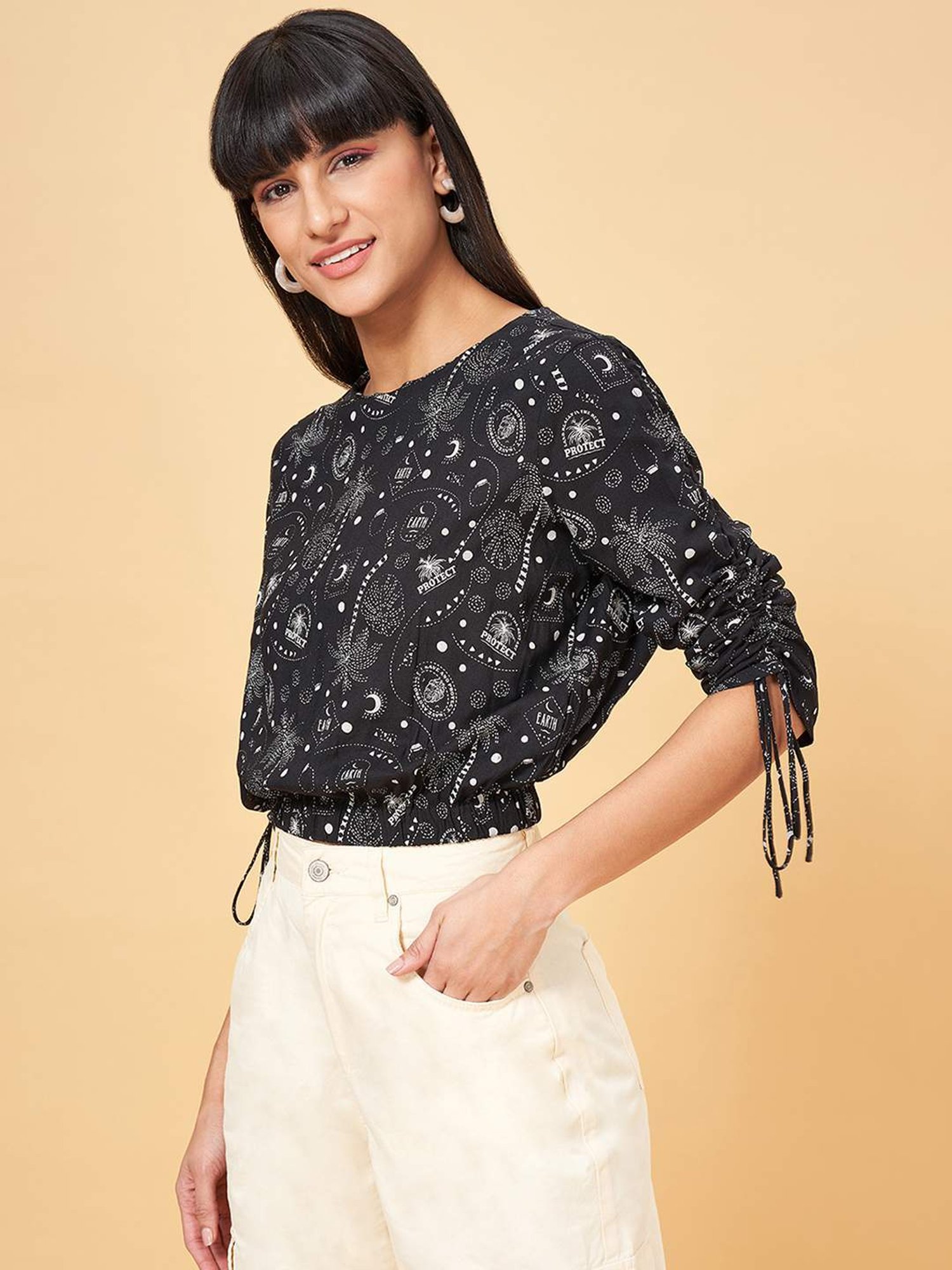 People by Pantaloons Jet Black Printed Top