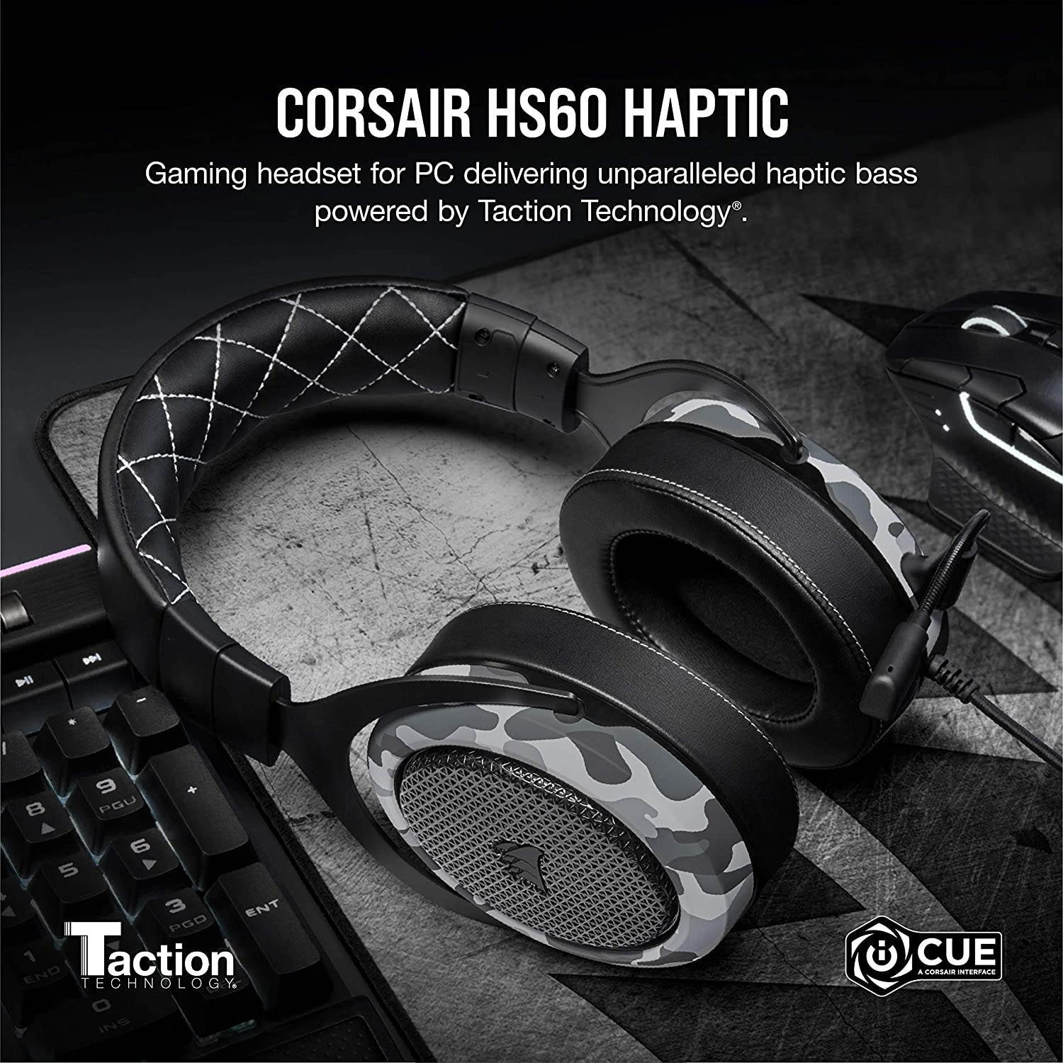 Corsair HS60 Haptic Stereo Gaming Headset with Haptic Bass Memory Foam Earcups Removable Microphone Windows Sonic Compatible Discord-Certified for PC - Arctic Camo