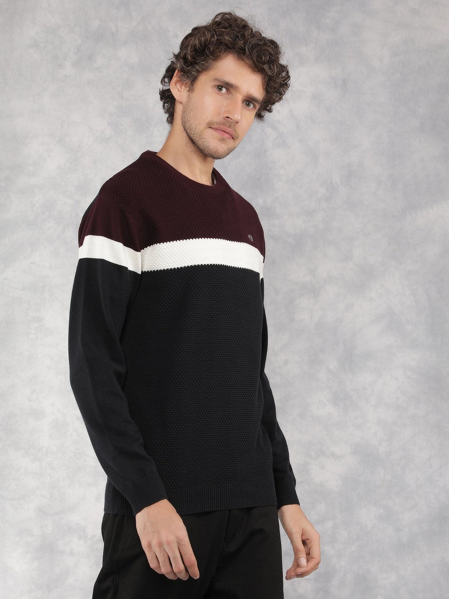 Crimsoune Club Wine Cotton Regular Fit Colour Block Sweater
