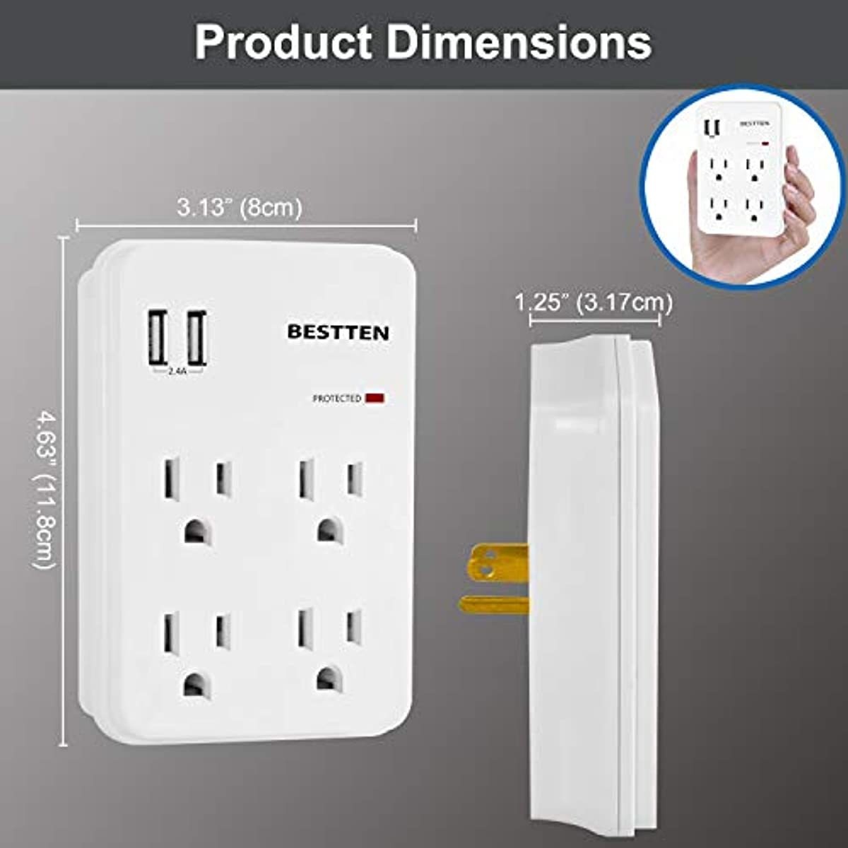 BESTTEN Wall Outlet Surge Protector with 2 USB Charging Ports (5V/2.4A) and 4 AC Outlets, 15A/125V/1875W, ETL Certified, White