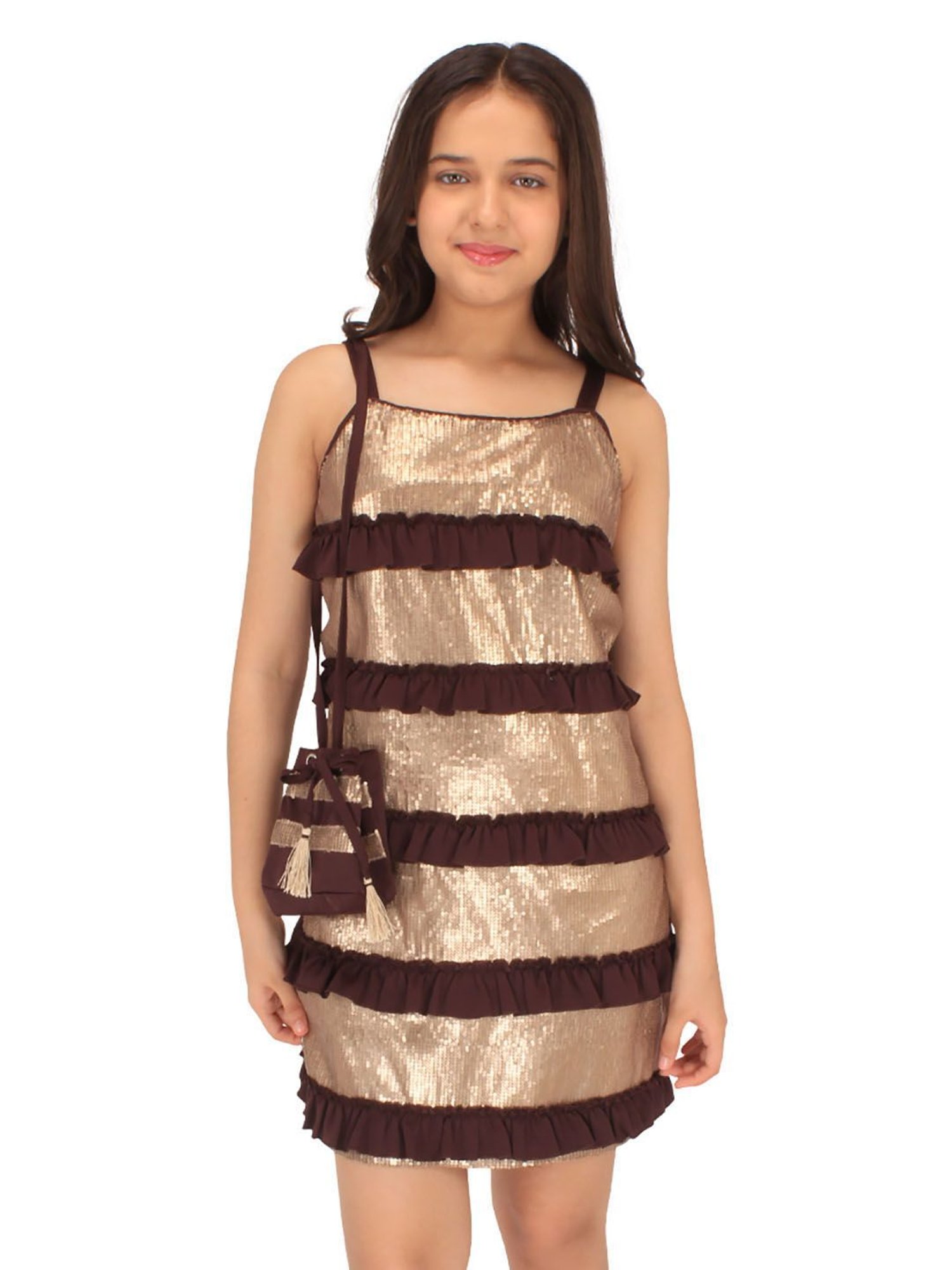 Cutecumber Kids Brown & Beige Embellished Dress with Sling Bag