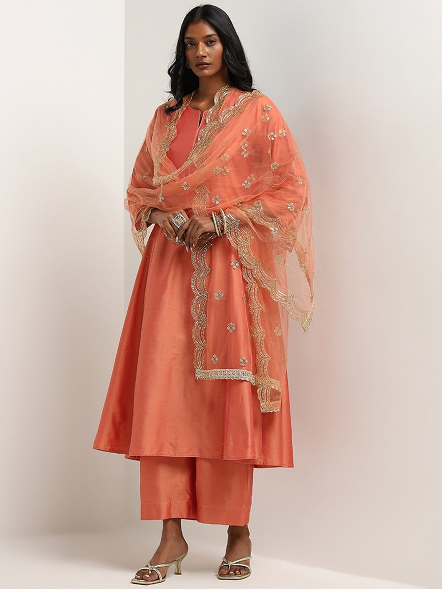 Vark by Westside Orange Solid A-Line Kurta, Palazzos and Dupatta Set
