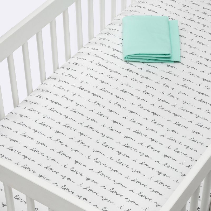 Crib Fitted Sheets I Love You and Mint Solid - Cloud Island™ Gray/Mint 2pk
