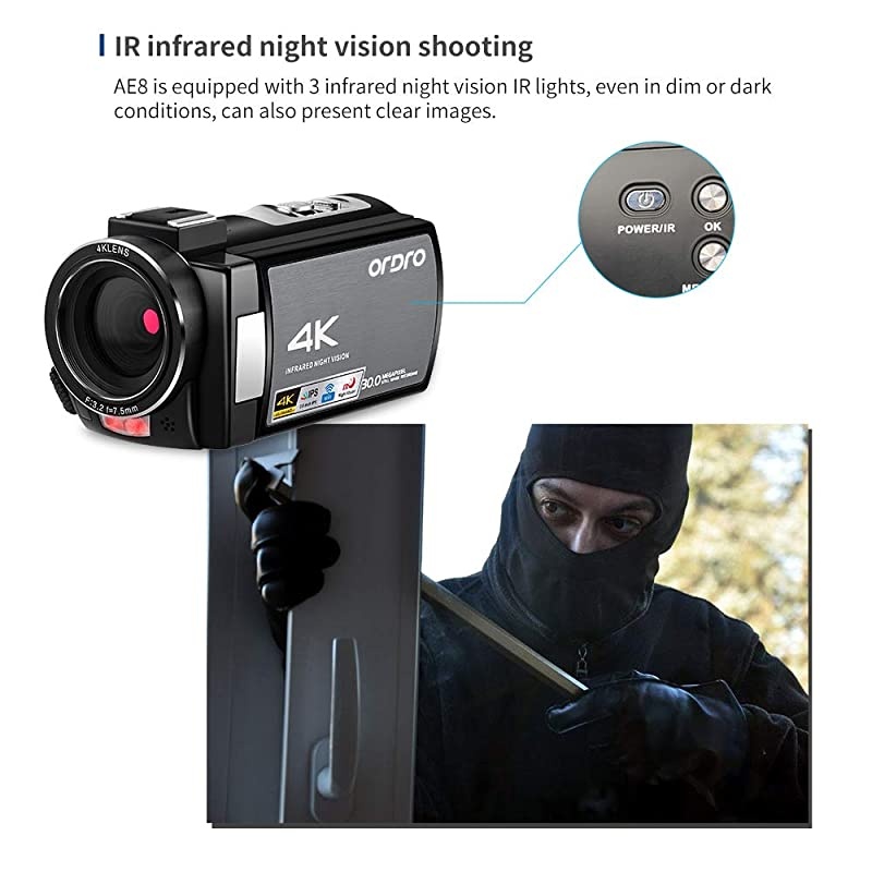 4K Video Camera Camcorder  HDR-AE8 UHD 1080P 60FPS Digital WiFi Camera Camcorders IR Night Vision 3.0'' IPS Touchscreen Vlogging Camera with 32GB SD Card and 2 Batteries