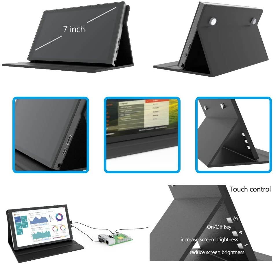 for Raspberry Pi 4 Portable Monitor 7.0 inch Screen - IPS Capacitive Display 1024x600, Second Screen with Laptop, Mini HDMI - Compatible with Raspberry Pi, for PS4 etc, with Leather Holder Case