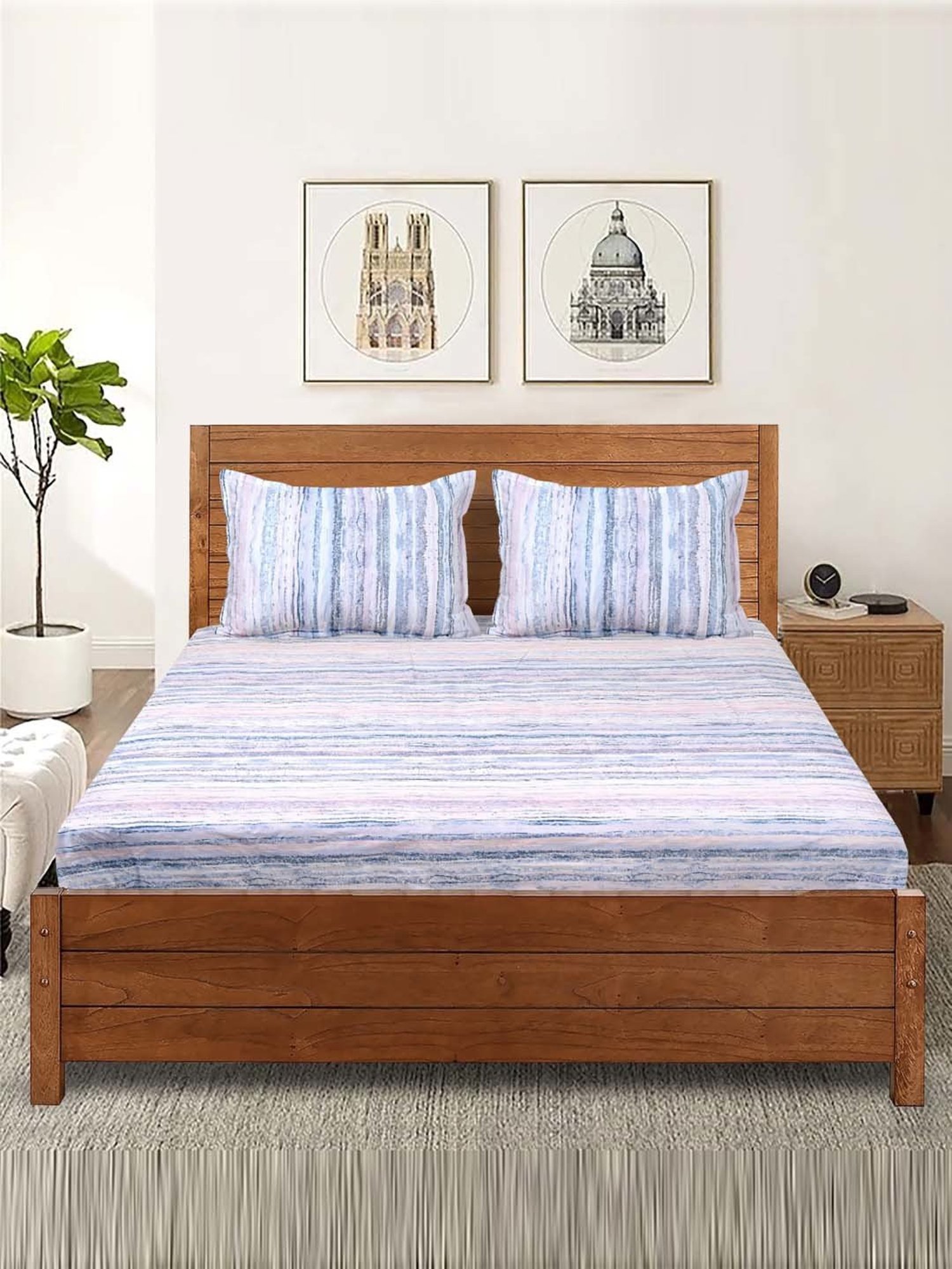 Saral Home Rive Blue 200 TC Microfiber Soft Queen Bedsheet with 2 Pillow Covers