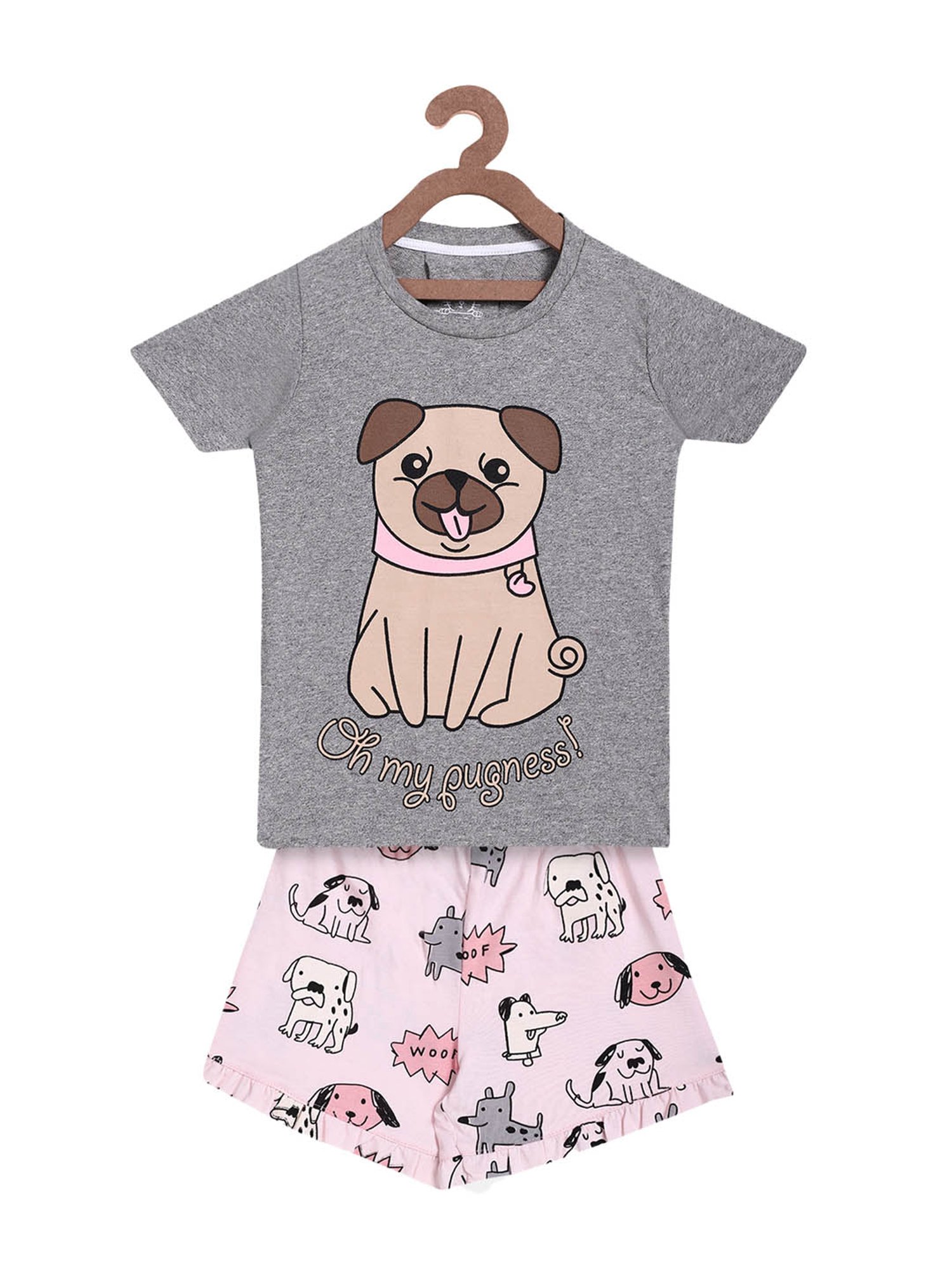 Lazy Shark Kids Grey & Pink Printed  Top with  Shorts