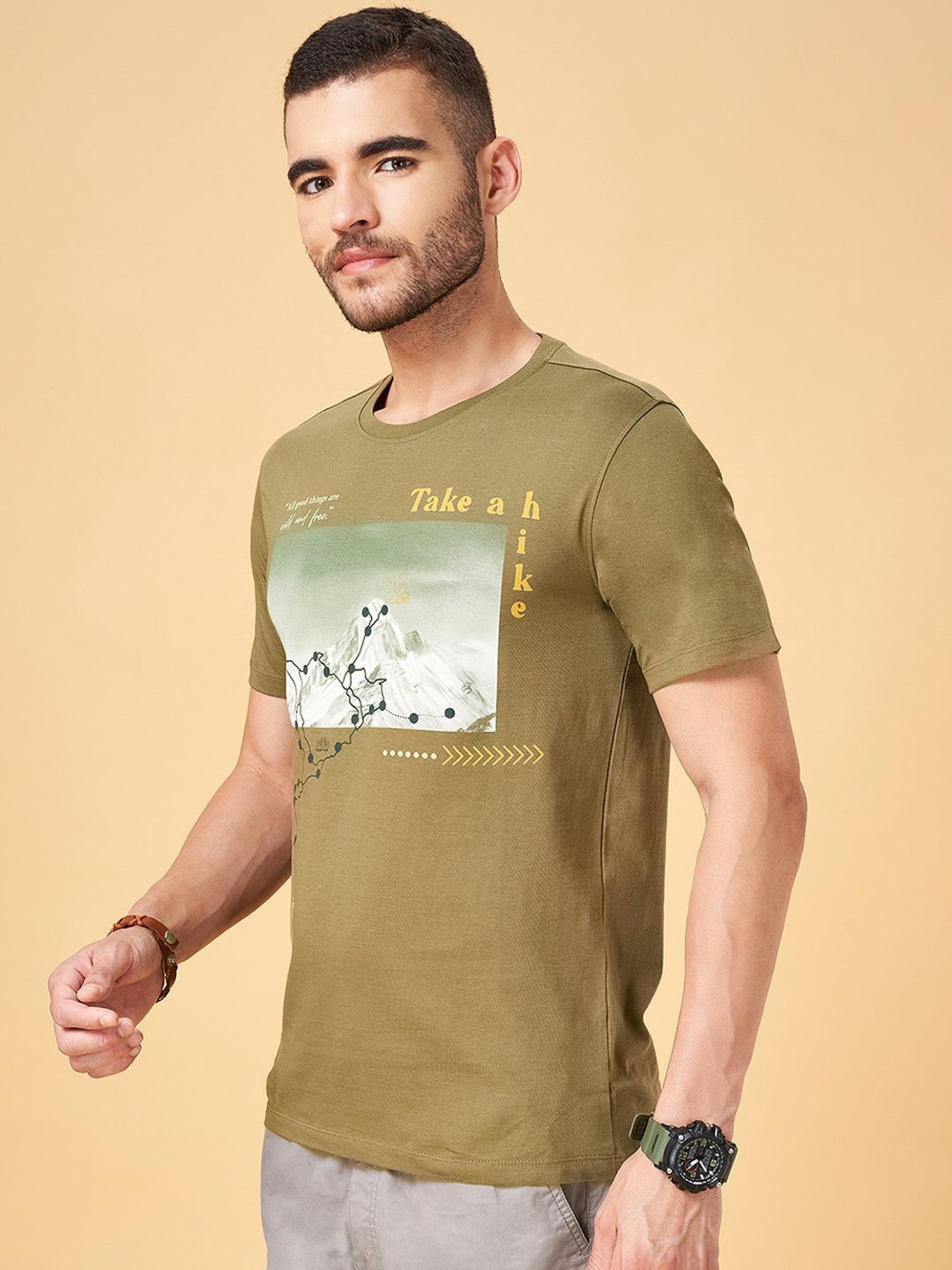 Urban Ranger by Pantaloons Light Olive Cotton Slim Fit Printed T-Shirt