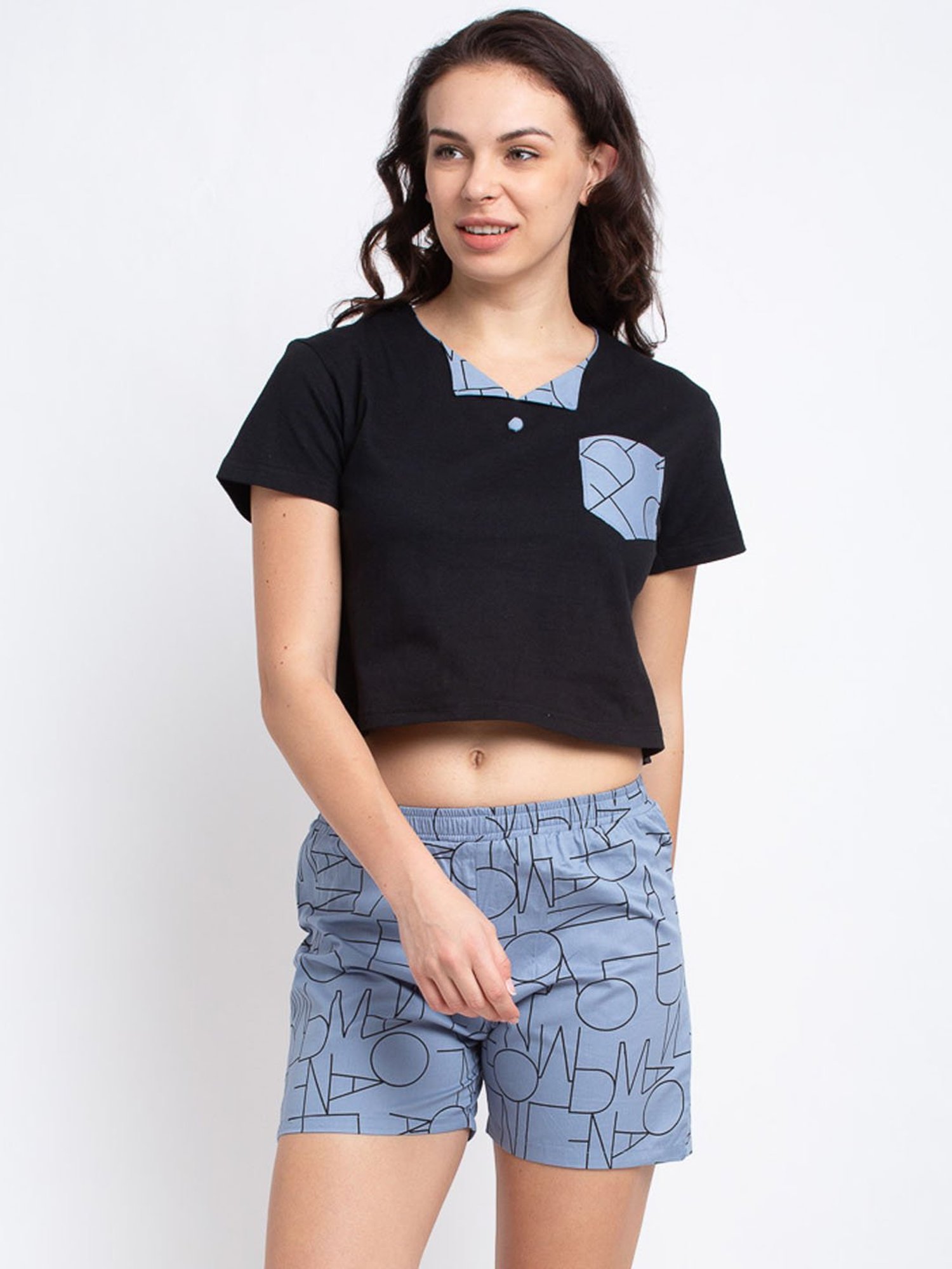 Boston Club Black & Blue Printed Crop Top With Shorts