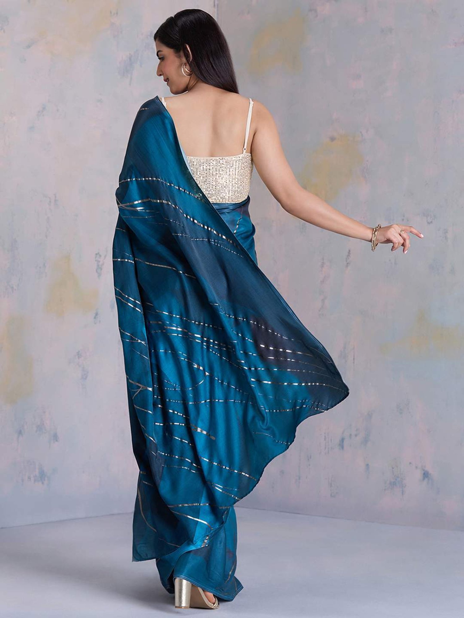 navyasa by liva Blue Printed Saree With Unstitched Blouse