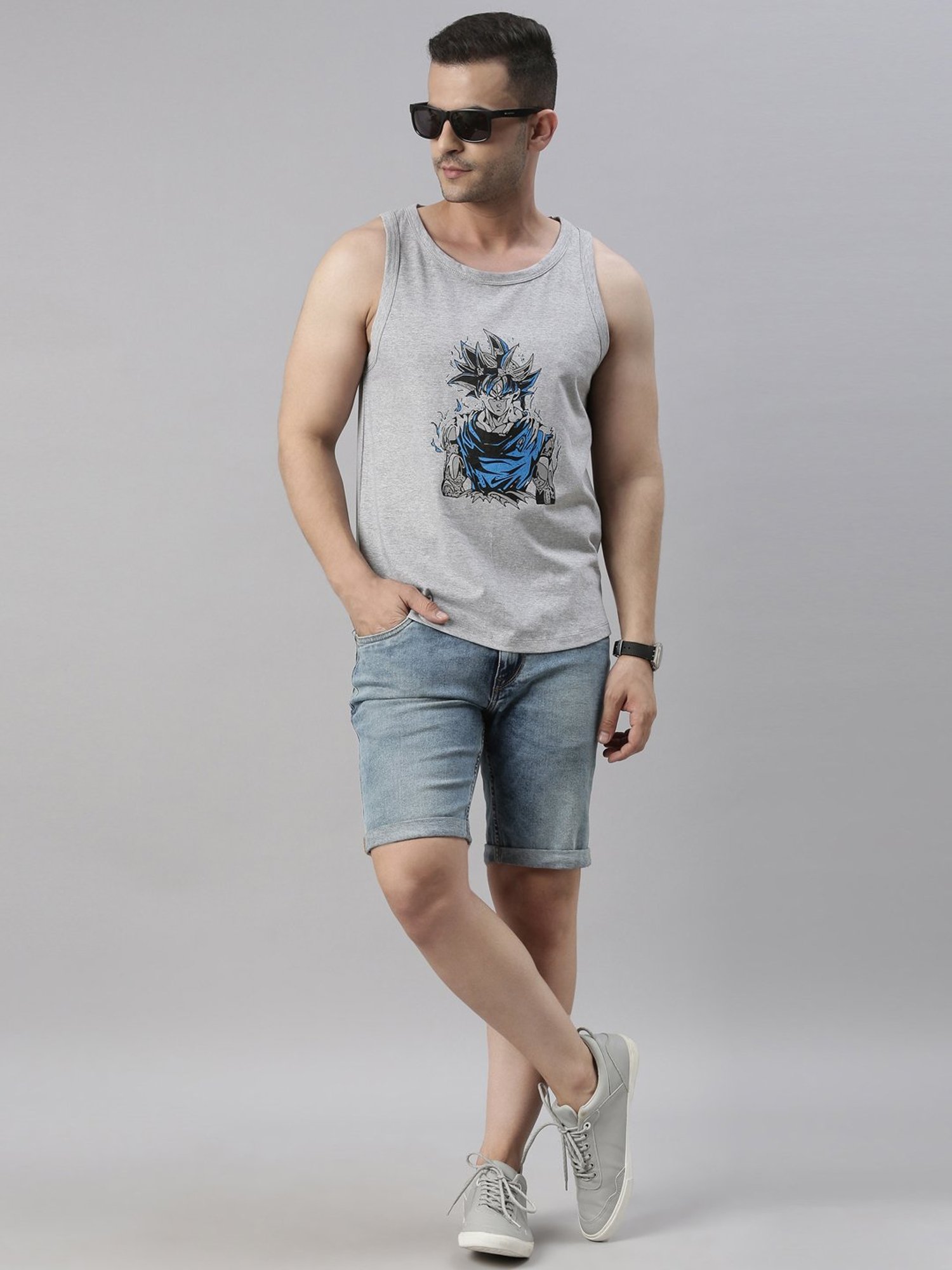 Bushirt Anime Dark Grey Printed Cotton Vest
