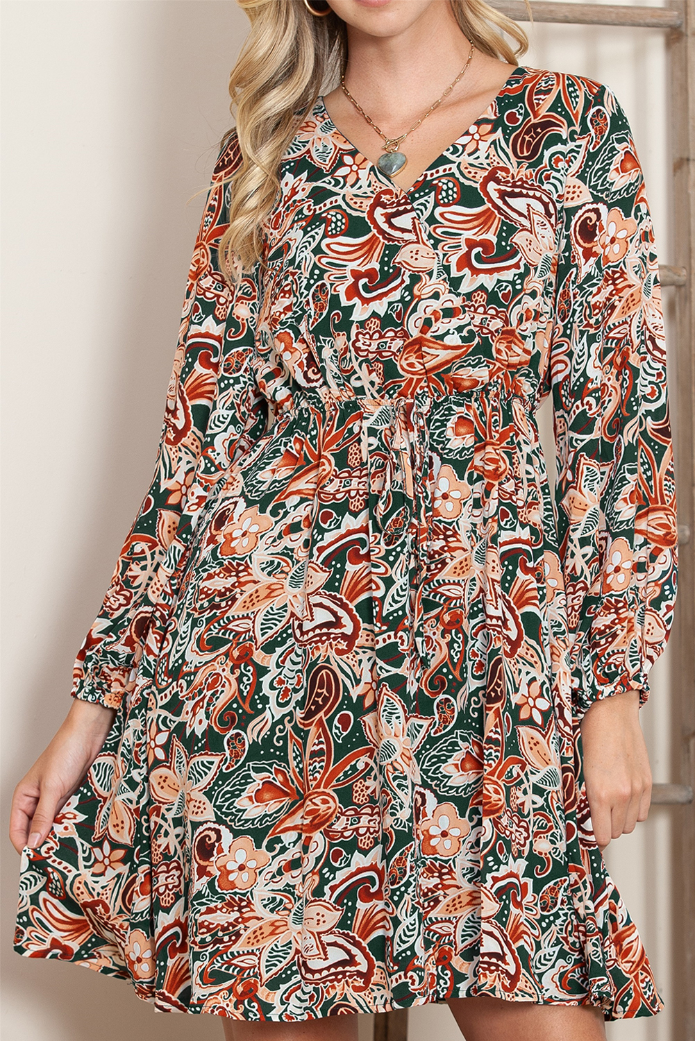 Brown Boho Abstract Print Drawstring Flowy Dress