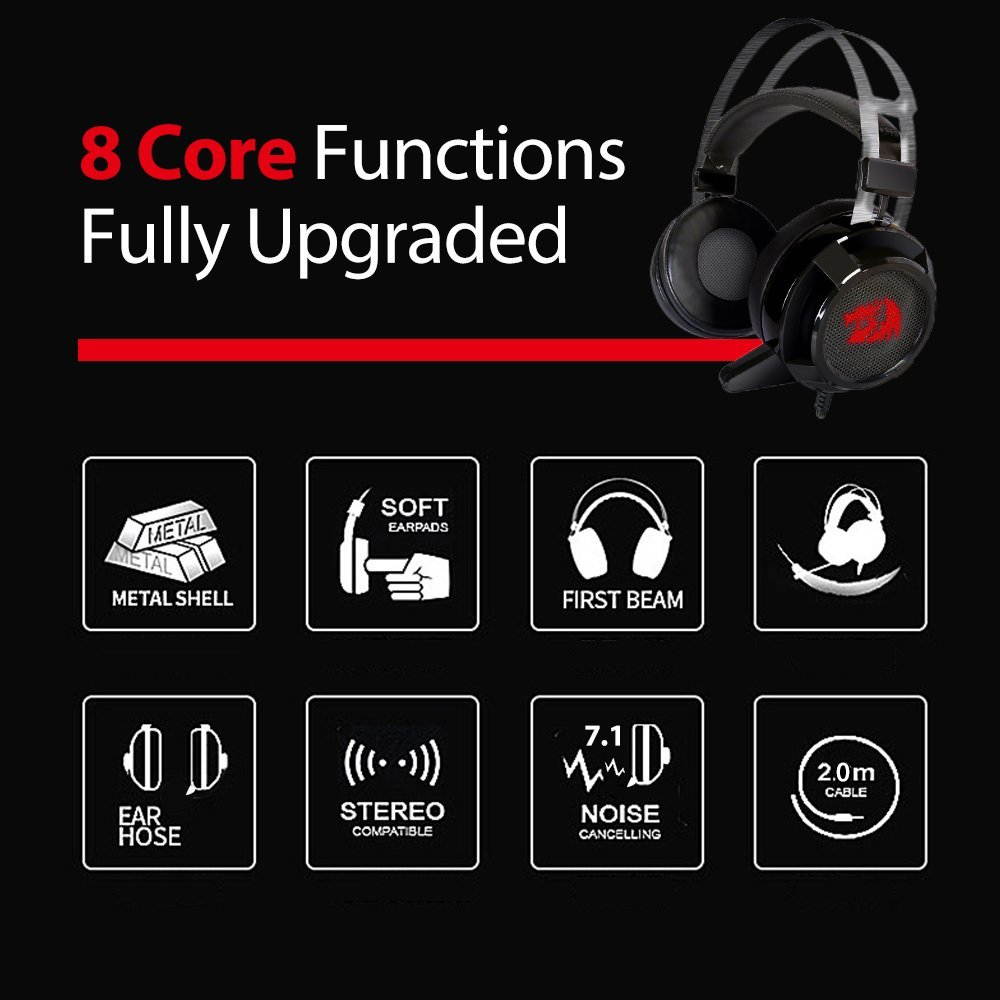 Redragon H301 SIREN2 7.1 Channel Surround Stereo Gaming Headset Over Ear Headphones with Mic Individual Vibration Noise Canceling LED Light