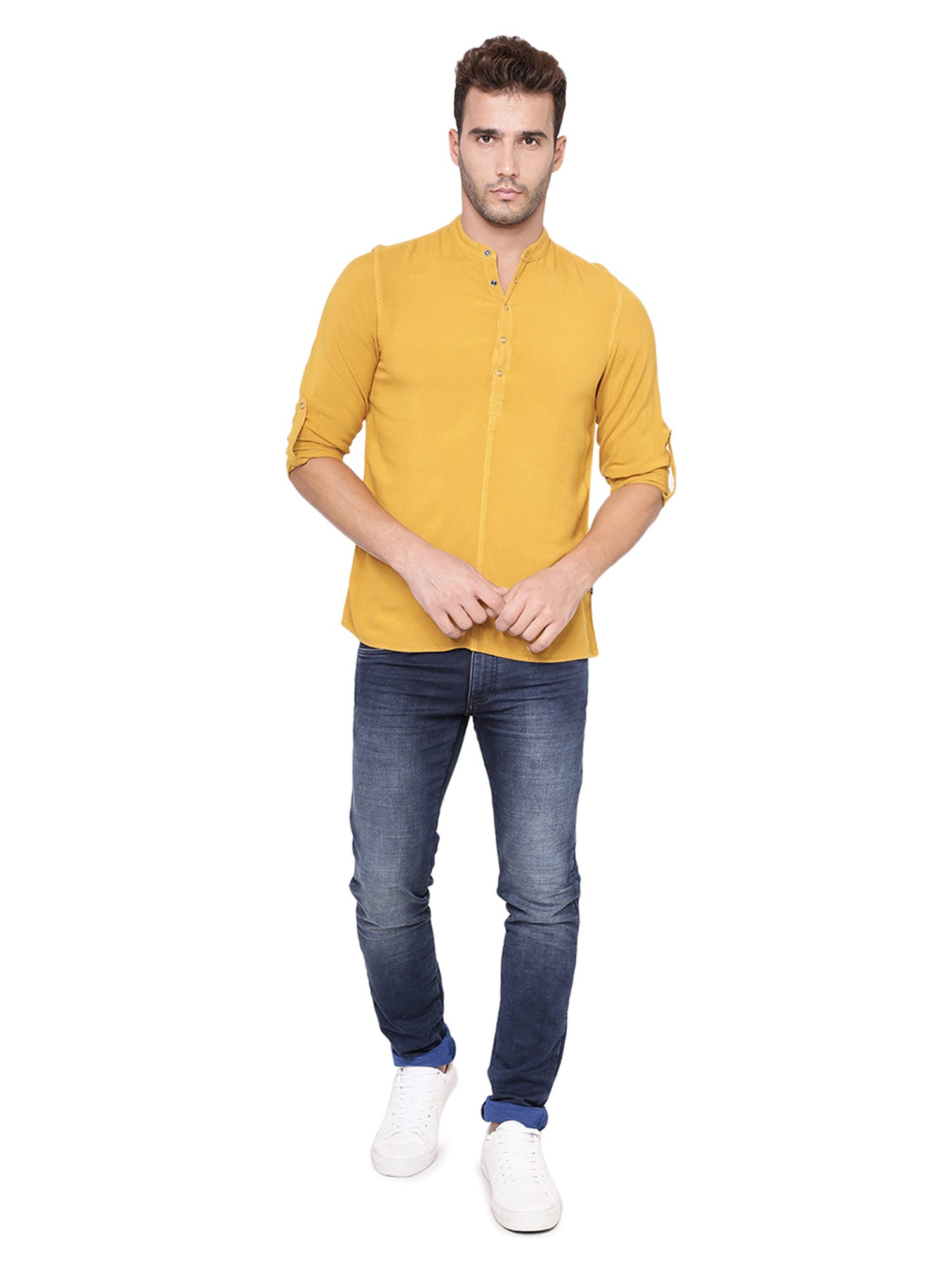 Identiti Mustard Full Sleeves Solid Slim Fit Short Kurta