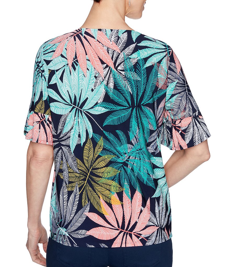 Ruby Rd. Leaf Puff Print Jewel Neck Short Flounce Sleeve Front Side Tie Top
