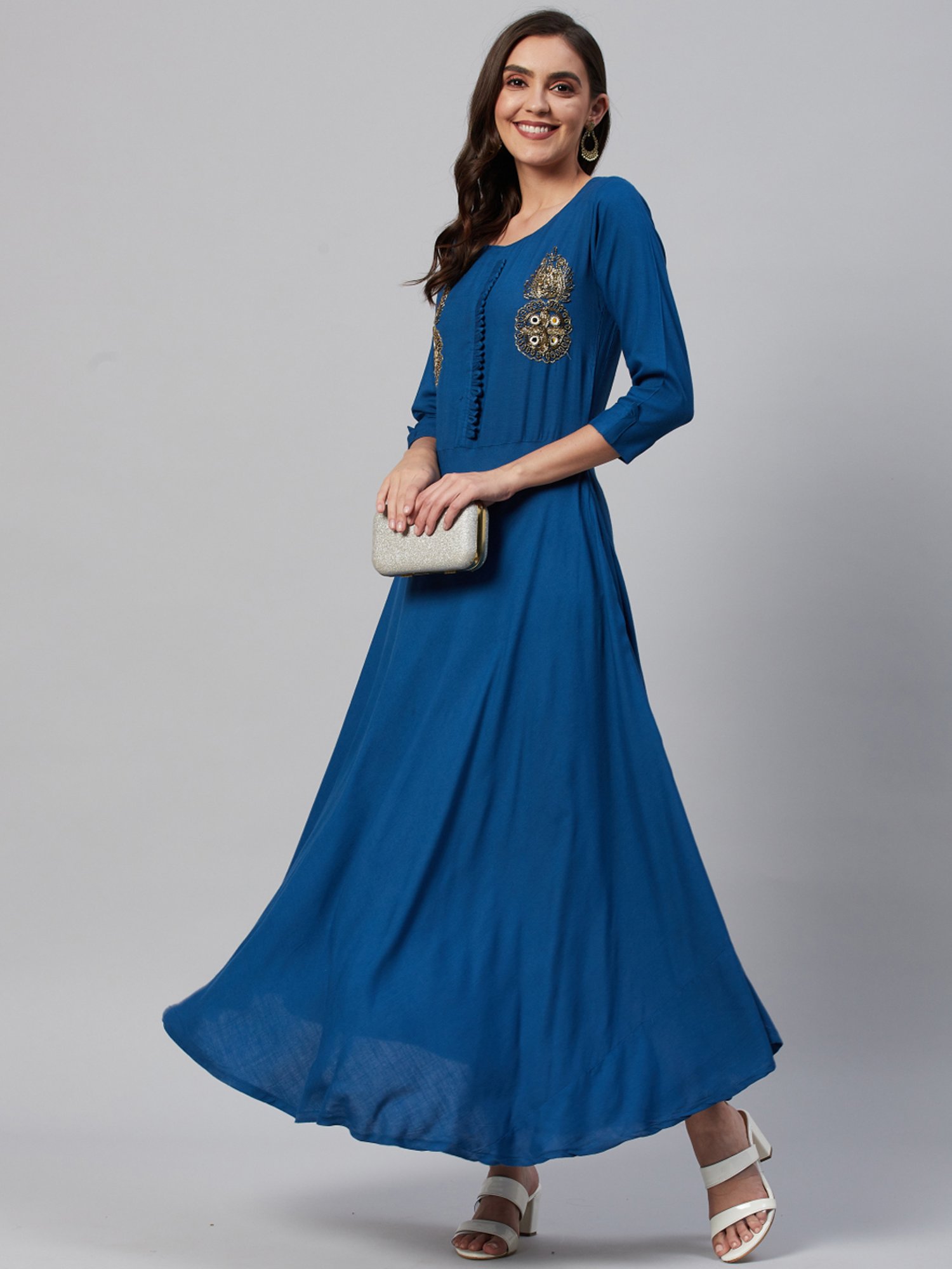 HIGHLIGHT FASHION EXPORT Teal Blue Embellished Maxi Dress