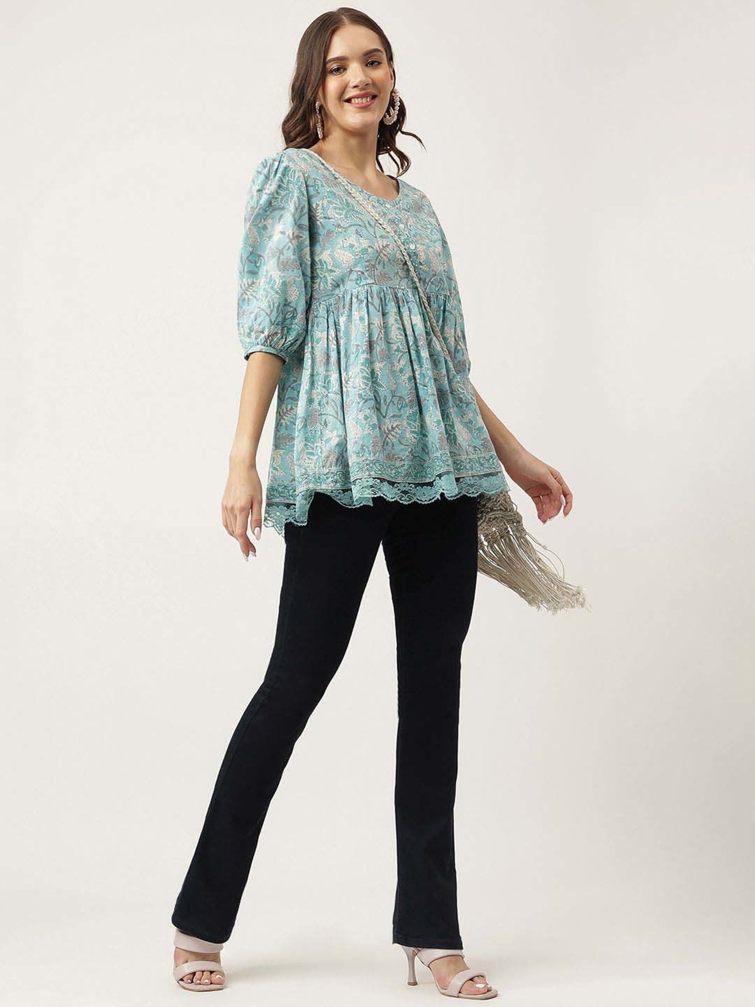 Divena Sky Blue Cotton Floral Print Top