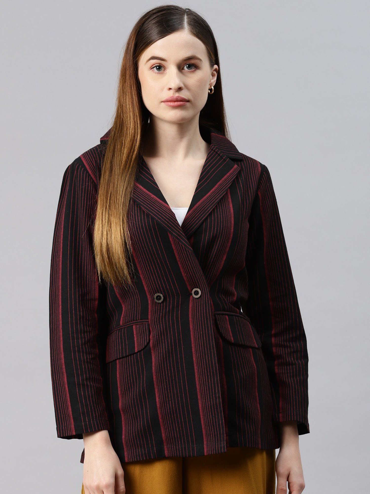 Cottinfab Black & Maroon Cotton Striped Blazer