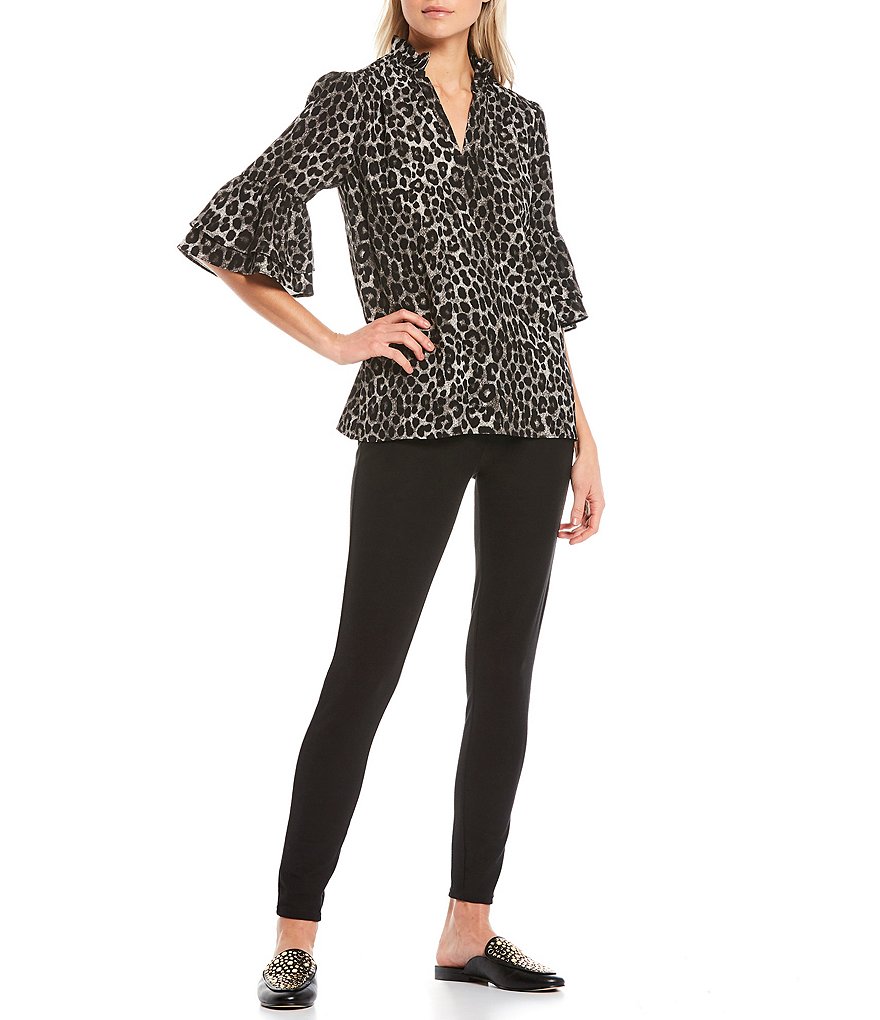 MICHAEL Michael Kors Cheetah Print Textured Crepe Flounce Cuff Ruffle Trim V-Neck Top