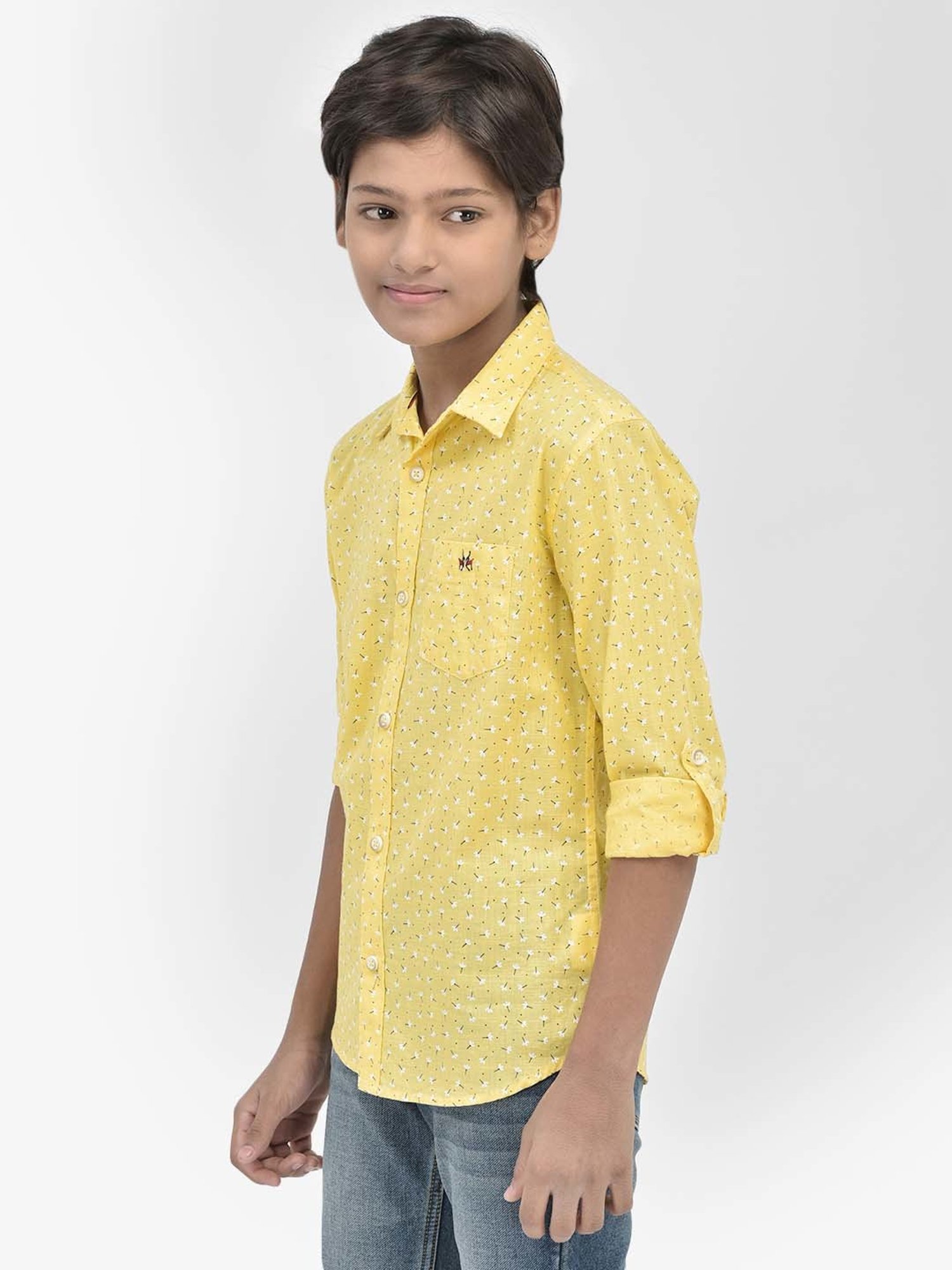 Crimsoune Club Kids Yellow Cotton Floral Print Full Sleeves Shirt