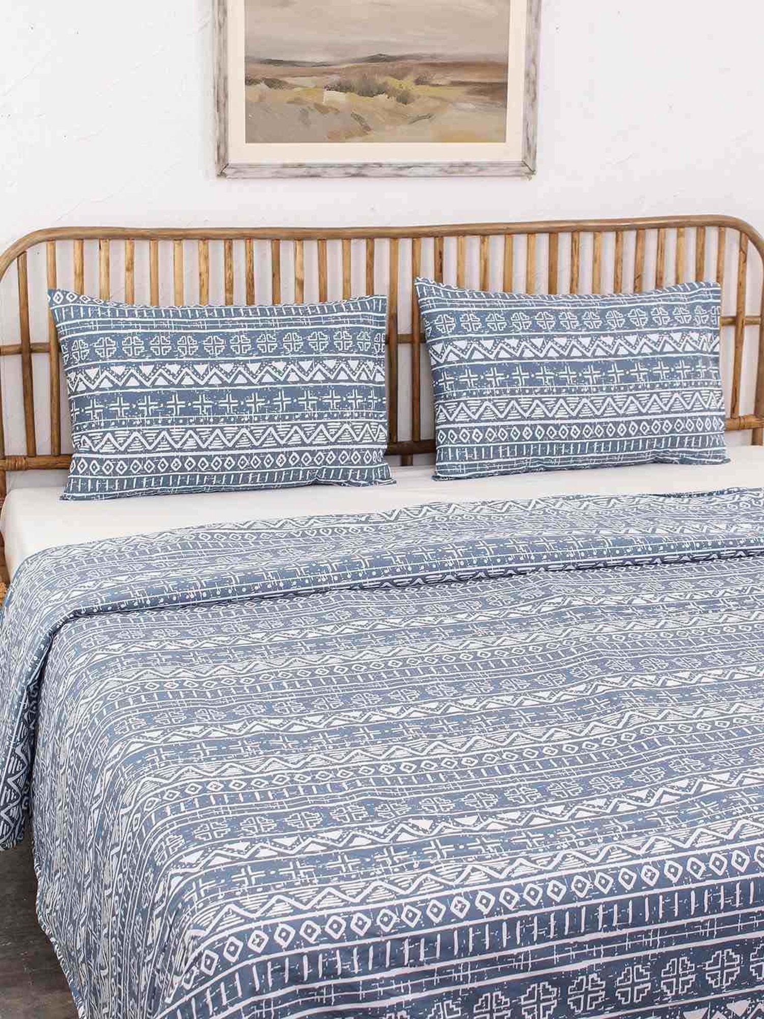 House This Kullu Patti Blue 150 TC Cotton Double Bedsheet Set