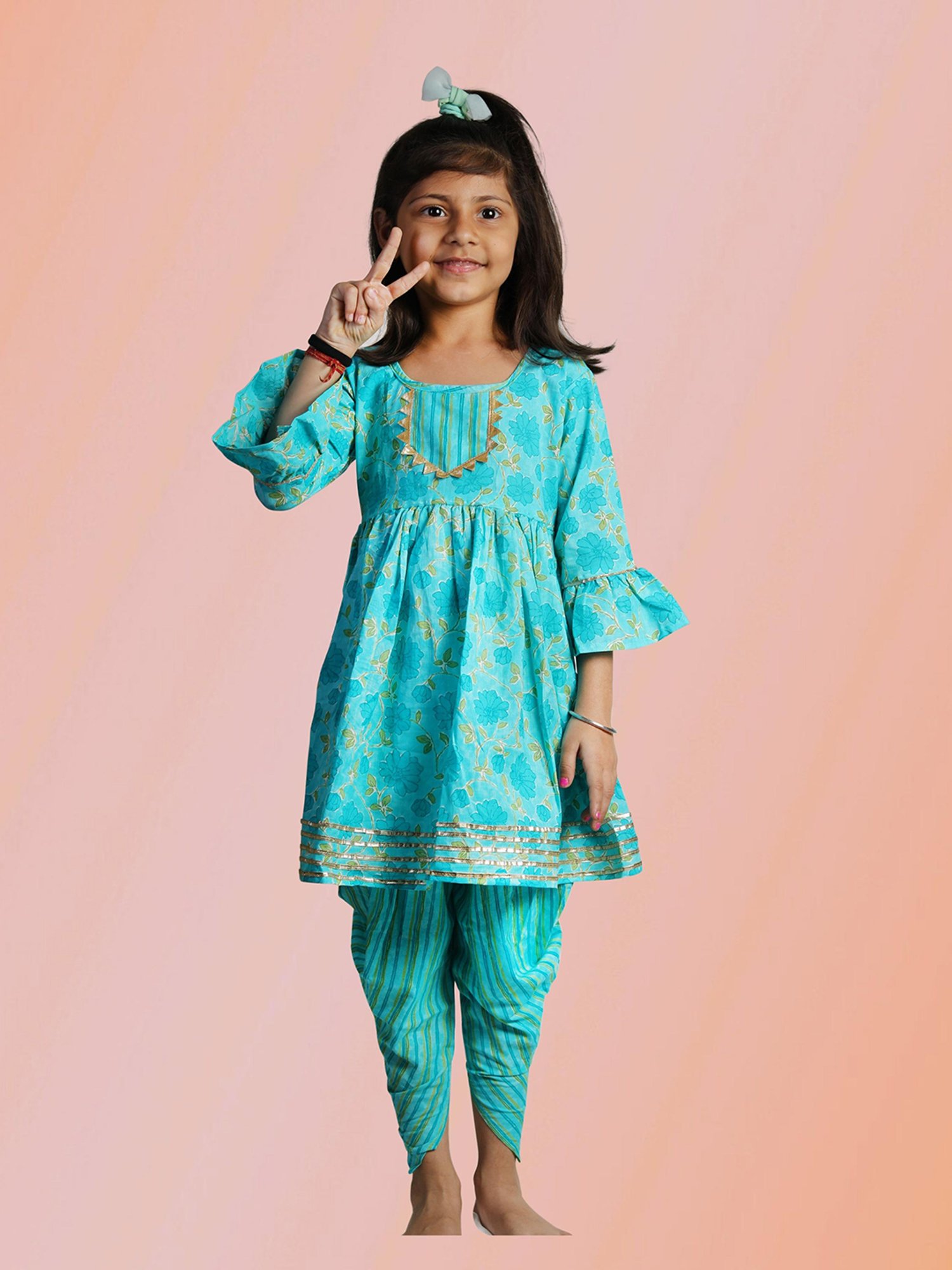 Tippy Top Kids Turquoise Floral Print Kurta with Dhoti