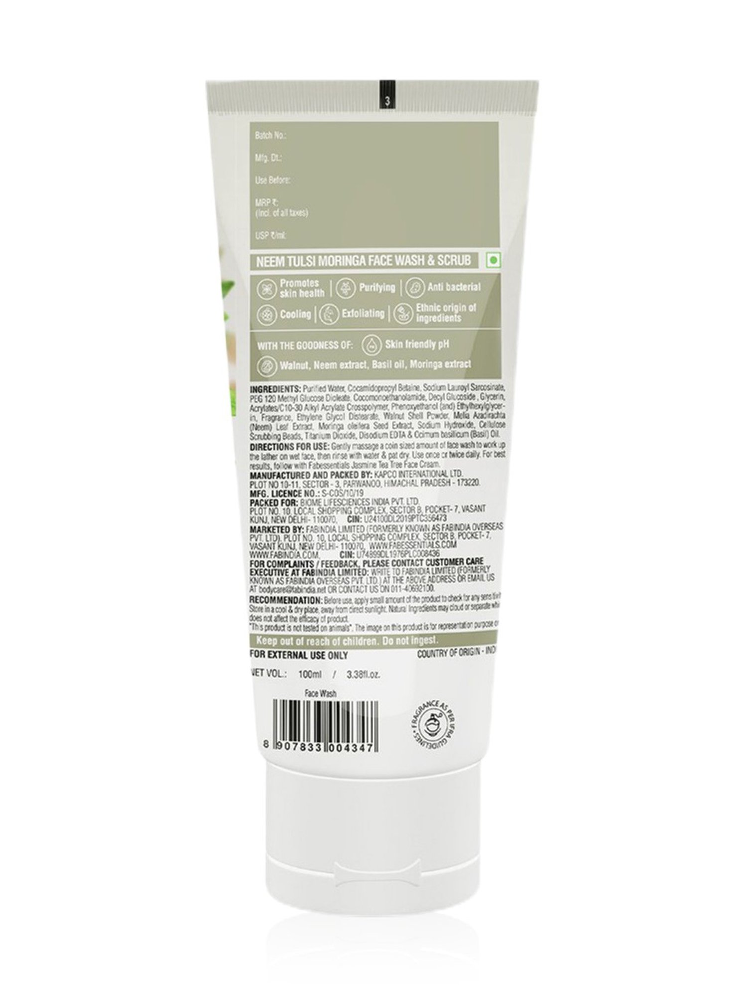 Fabessentials Neem, Tulsi, Moringa Face Wash & Scrub - 100 ml