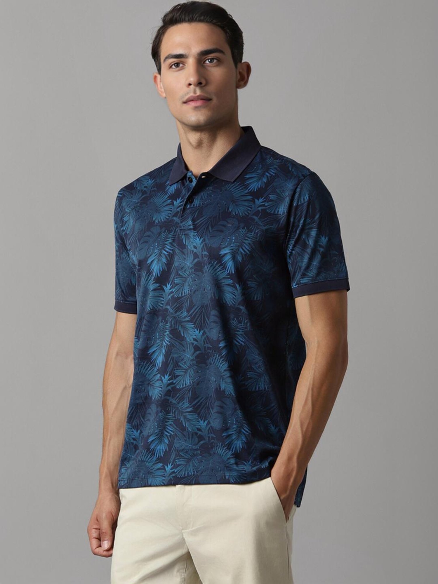 Louis Philippe Navy Cotton Regular Fit Printed Polo T-Shirt