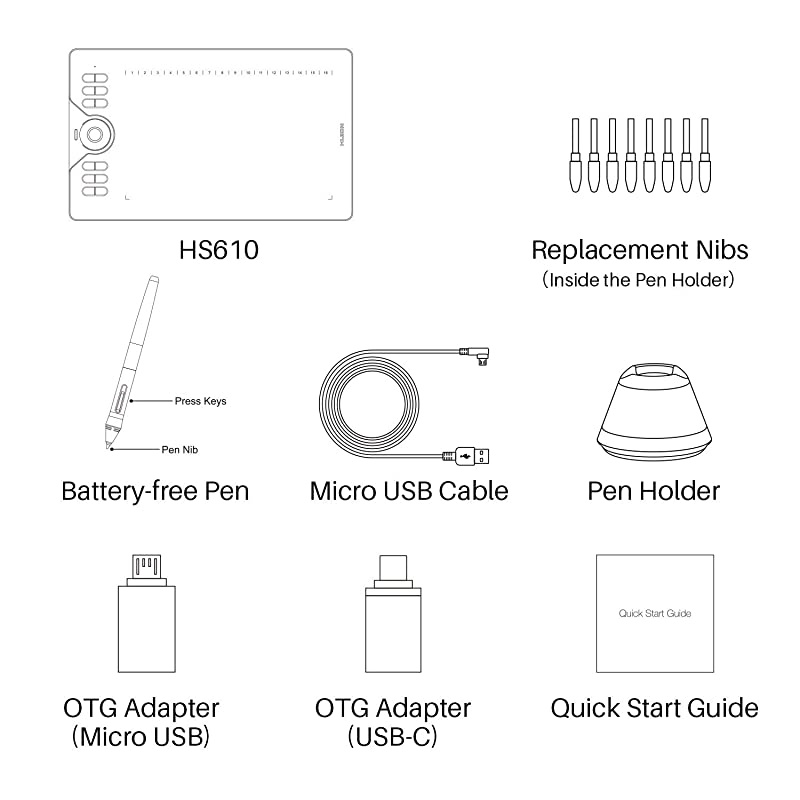 HS610 Graphics Drawing Tablet Android Devices Supported Tilt Function Battery-Free Stylus with 8192 Pen Pressure