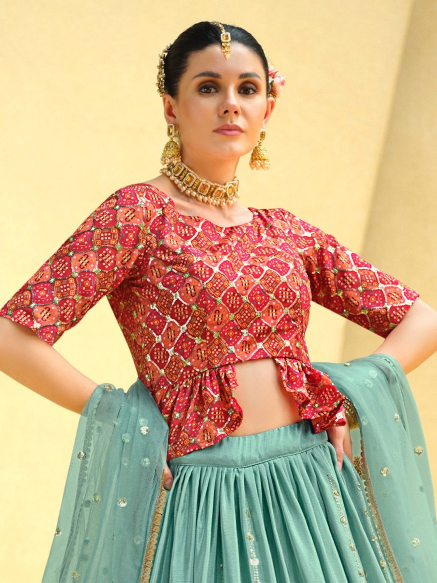 SHUBHKALA Sky Blue & Red Embellished Lehenga and Choli Set With Dupatta