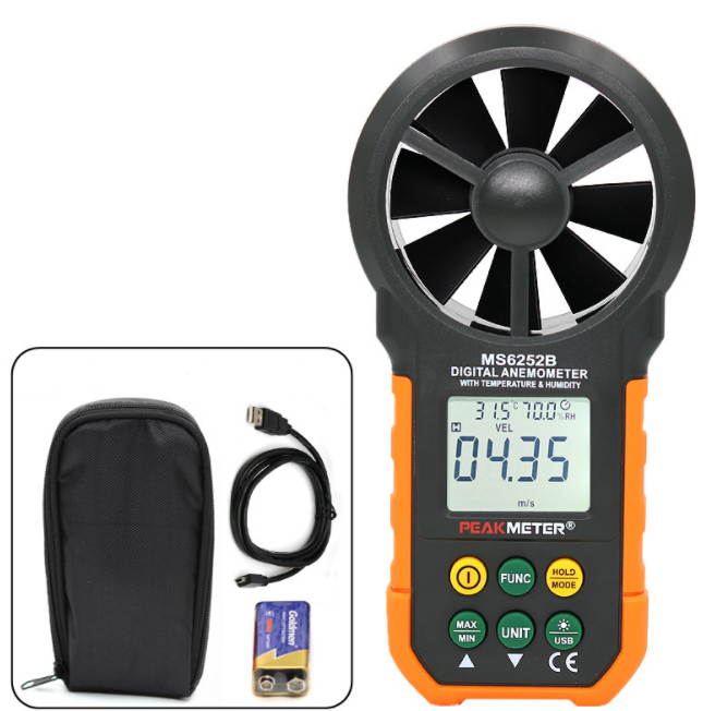 Peakmeter High Precision Anemometer Wind Speed Air Volume Wind Temperature Measuring Instrument Digital Anemometer Pm6252b [Wind Speed, Air Volume, Wind Temperature, Humidity, With USB Interface]