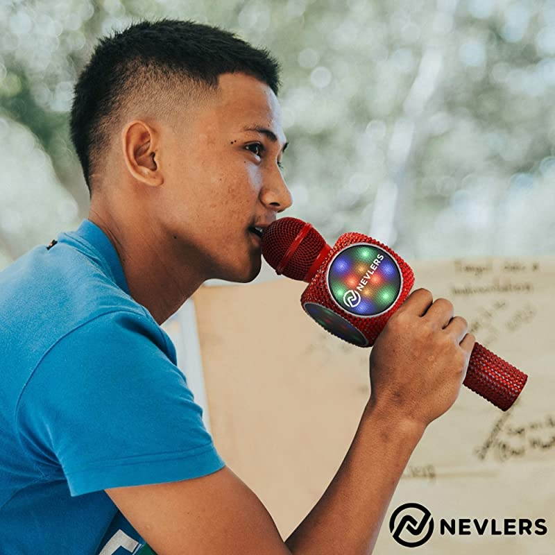 Karaoke Microphone with Wireless Bluetooth Speaker Voice Changer and Colorful LED Lights Easy to Use Portable Karaoke Machine for Kids and Adults RED Bling